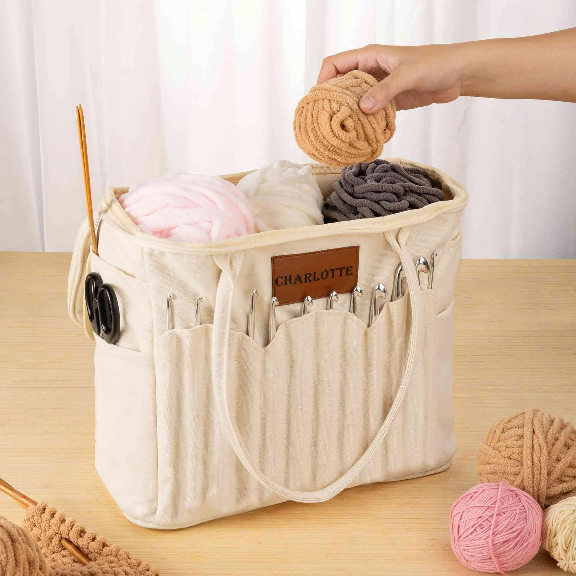 Bolsa de almacenamiento personalizada para tejer para mujer, bolsa de hilo de lona grande, organizador de ganchillo, bolsa de viaje portátil con bolsillos para agujas, estuche de ganchillo, regalo de