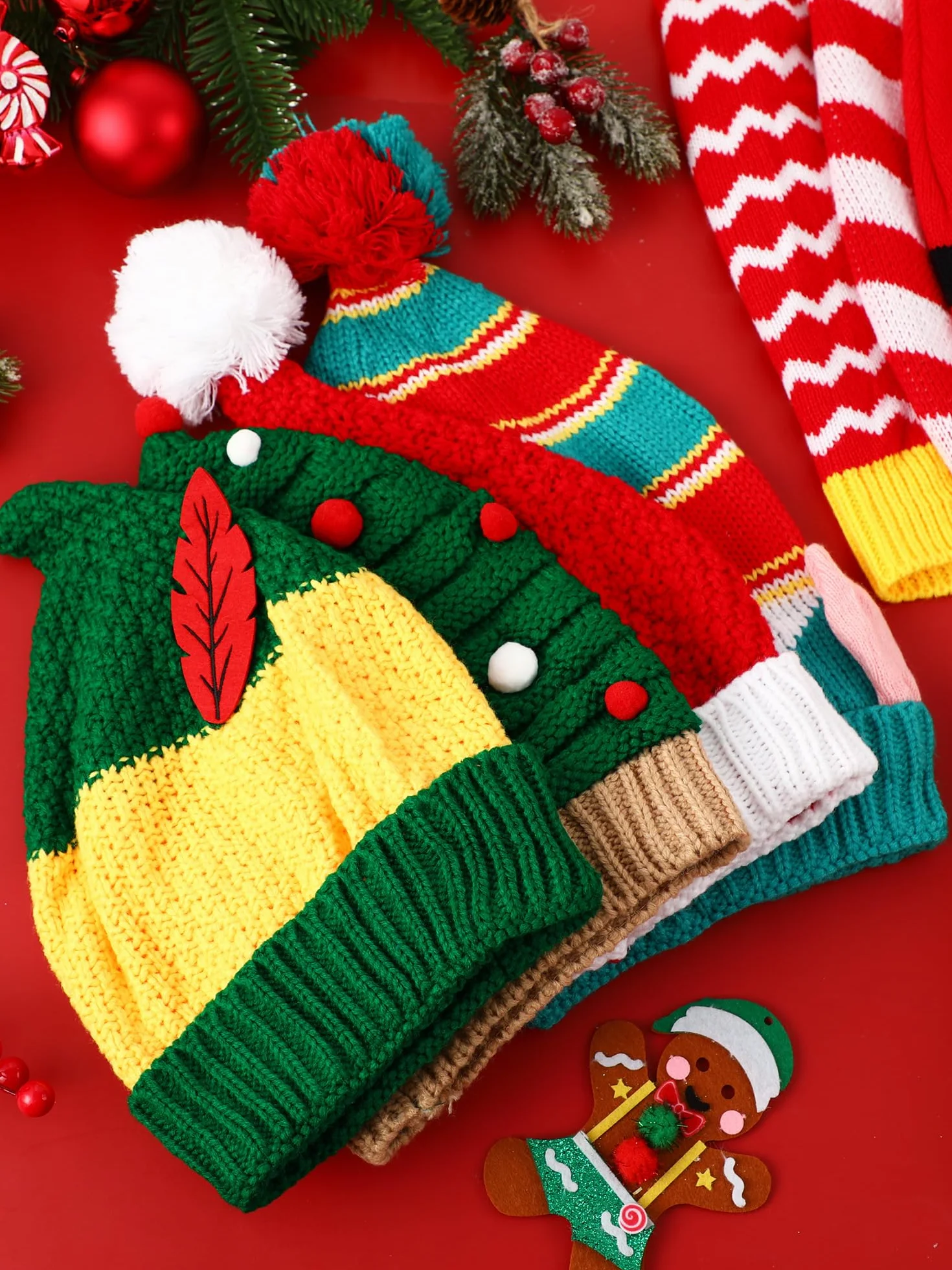 Liitrsh - Sombreros de Papá Noel unisex de punto de ganchillo (10 unidades), diseño de pompones, gorro de Navidad con pompones, sombrero de elfo divertido para mujer y hombre, para fiesta de Navidad