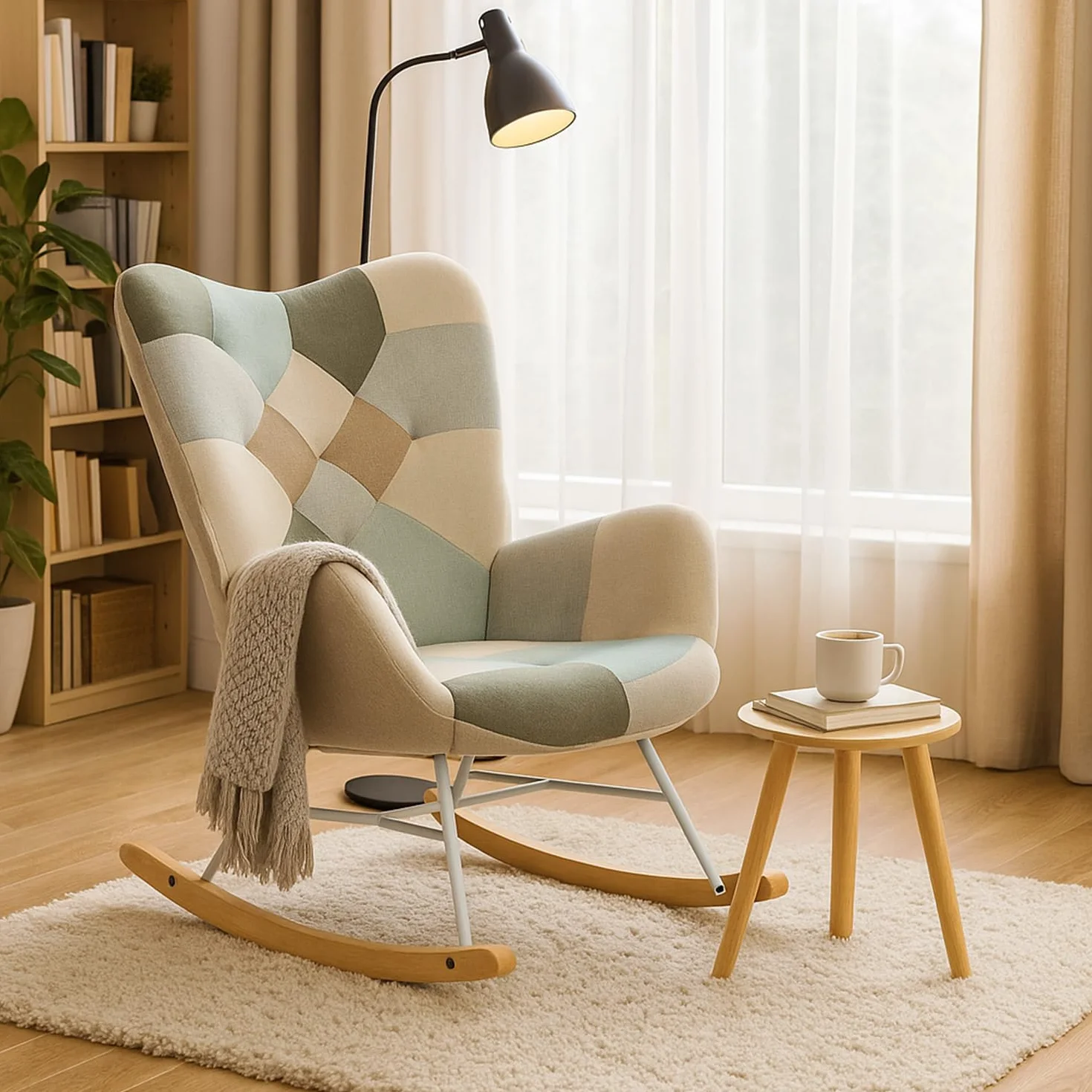 MEUBLE Cosy Sillón Relax, Mecedora Cómoda, Silla Balancín de Tela Patchwork con Patas de Madera y Metal para Salón, Adorno de Botones