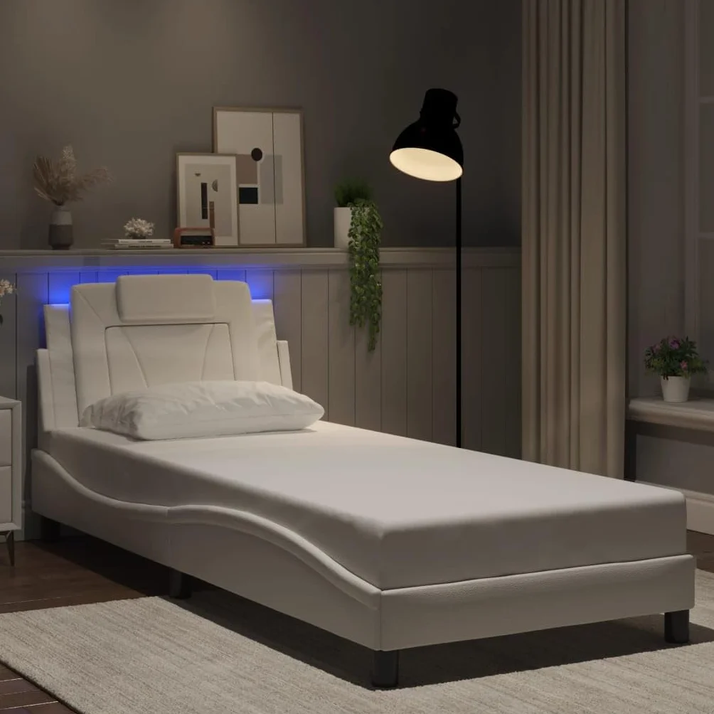 Estructura de cama Viana con LED completamente blanco, 90 x 200 cm, piel sintética, cabecero de madera contrachapada y metal, diseño ondulado, moderno, cama tapizada para jóvenes y