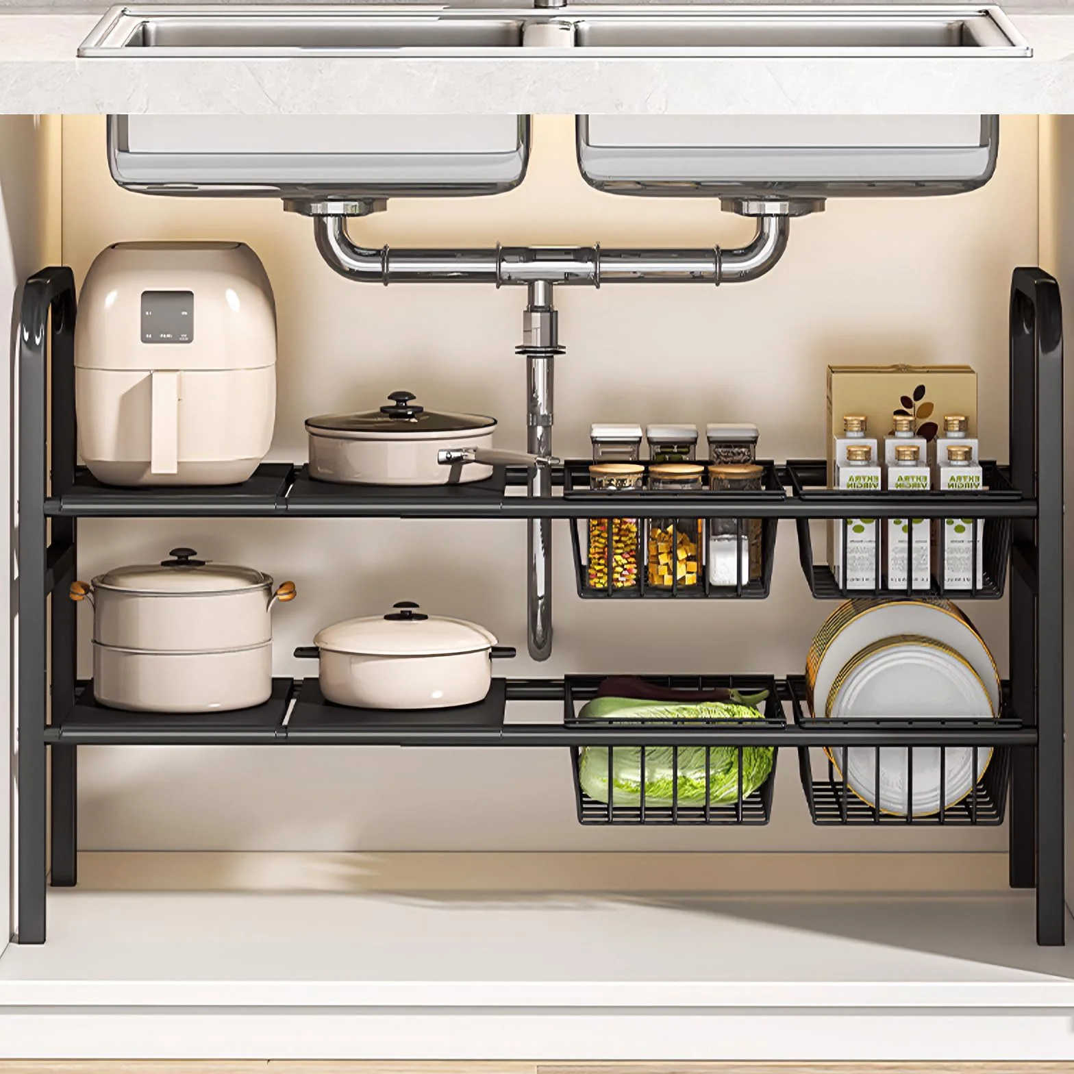 ViWaVee Organizador Cocina Bajo Fregadero Extensible 53-93cm para Armario | Altura Ajustable 5cm + 4 Cestas y Placas | Multiusos Baño Balcón | Almacenaje Productos Limpieza Ollas