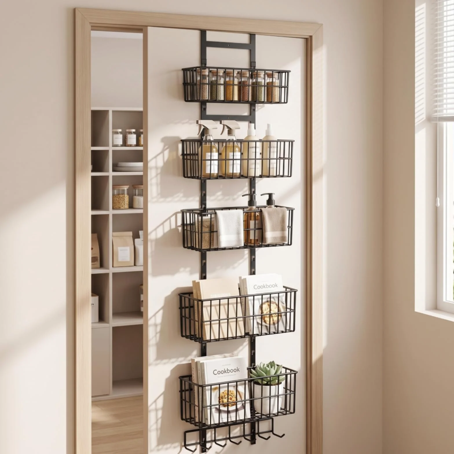 Organizador sobre la Puerta con Cestas Colgante Organizador sobre la Puerta con Varios Ganchos Ahorra Espacio Estantería para Baño,