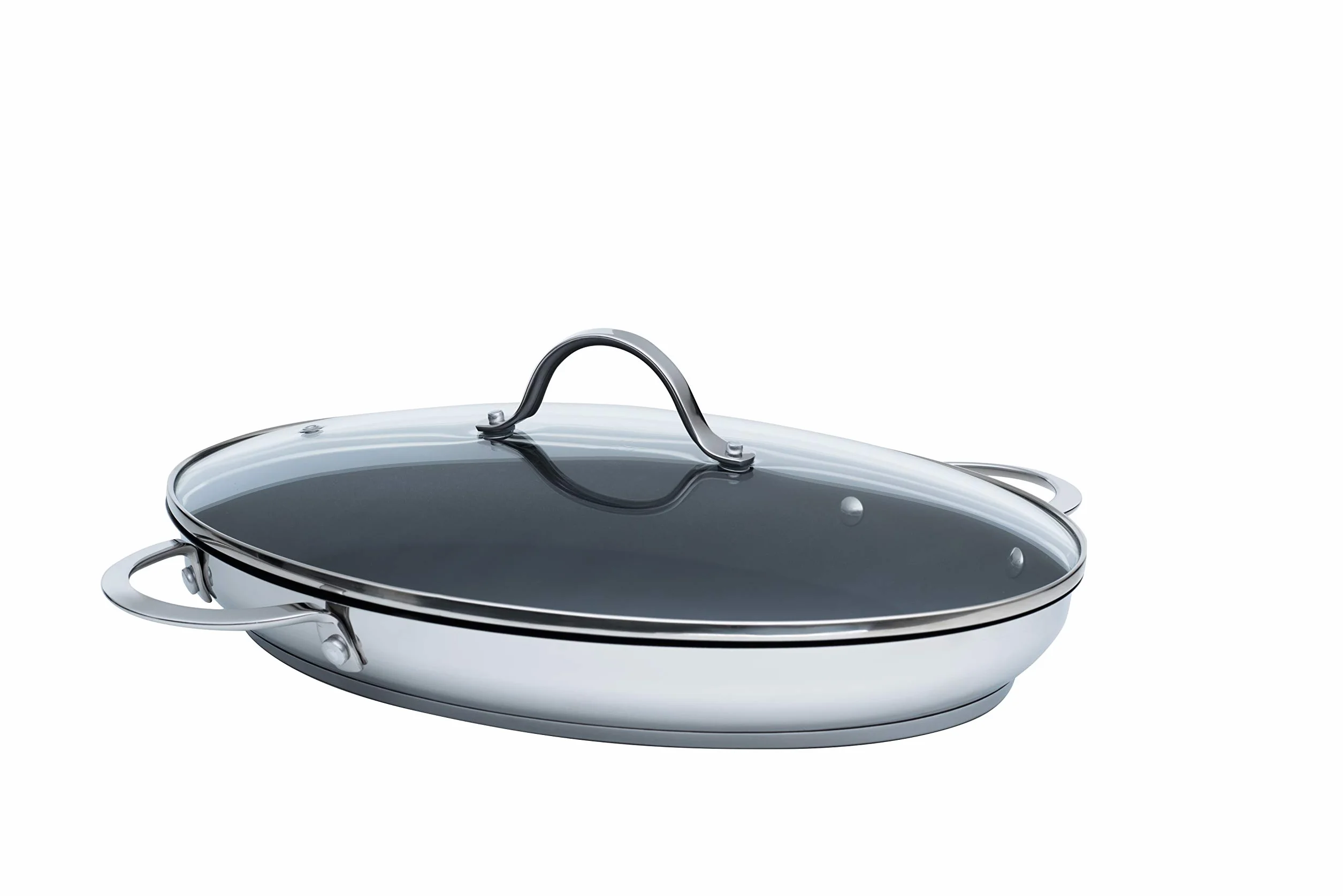 Kelomat Sartén para pescado, 38 x 26 cm, acero inoxidable, rectangular, 3,51 kg, revestimiento antiadherente, tapa de cristal, apta para lavavajillas, horno y cocina de inducción