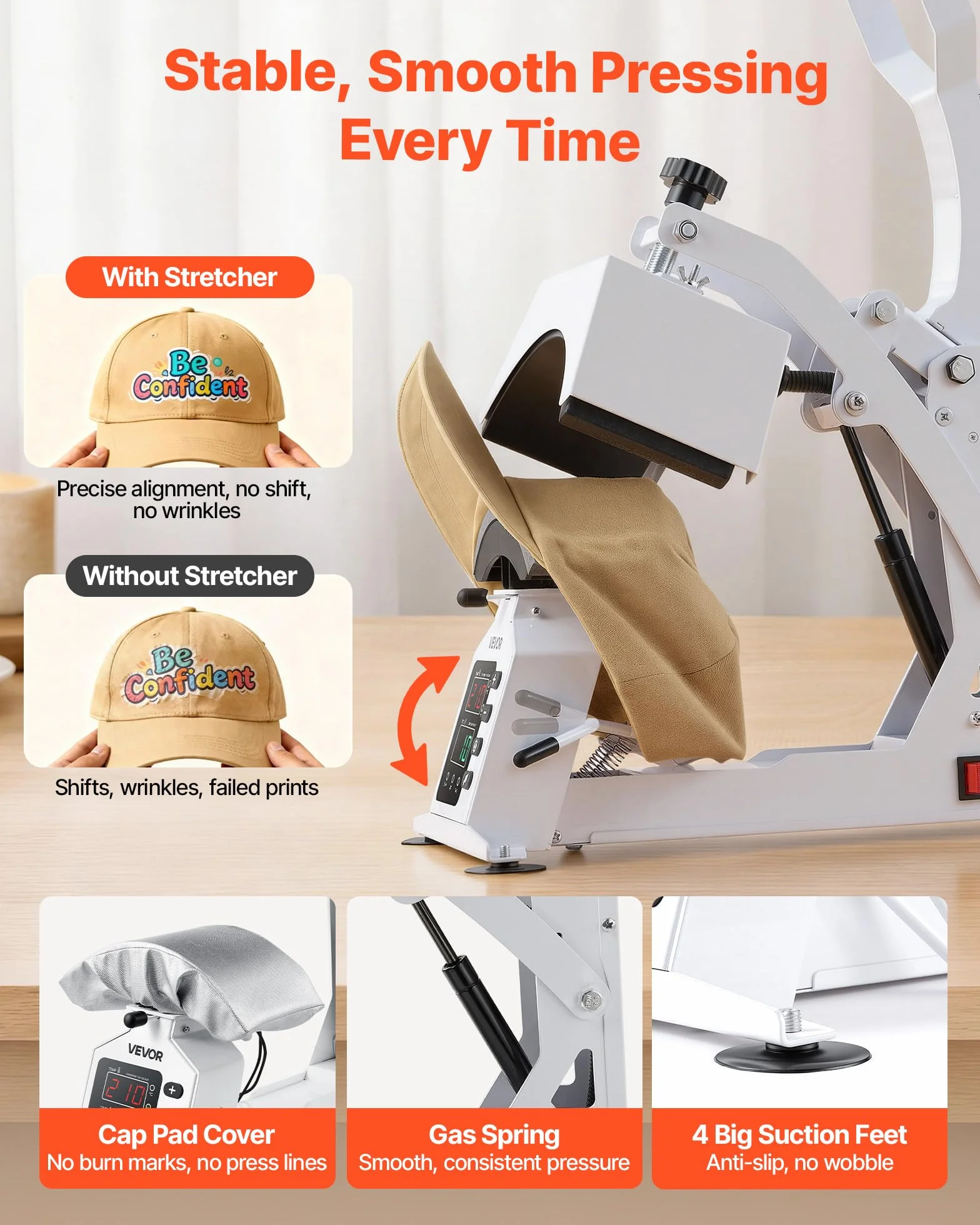 VEVOR Máquina de Prensado Térmico para Gorras 580 W, Prensa Térmica para Gorras con Placa Calefactora, Control Preciso de Temperatura y Tiempo, para Proyectos de Sublimación y Planchado, Blanco