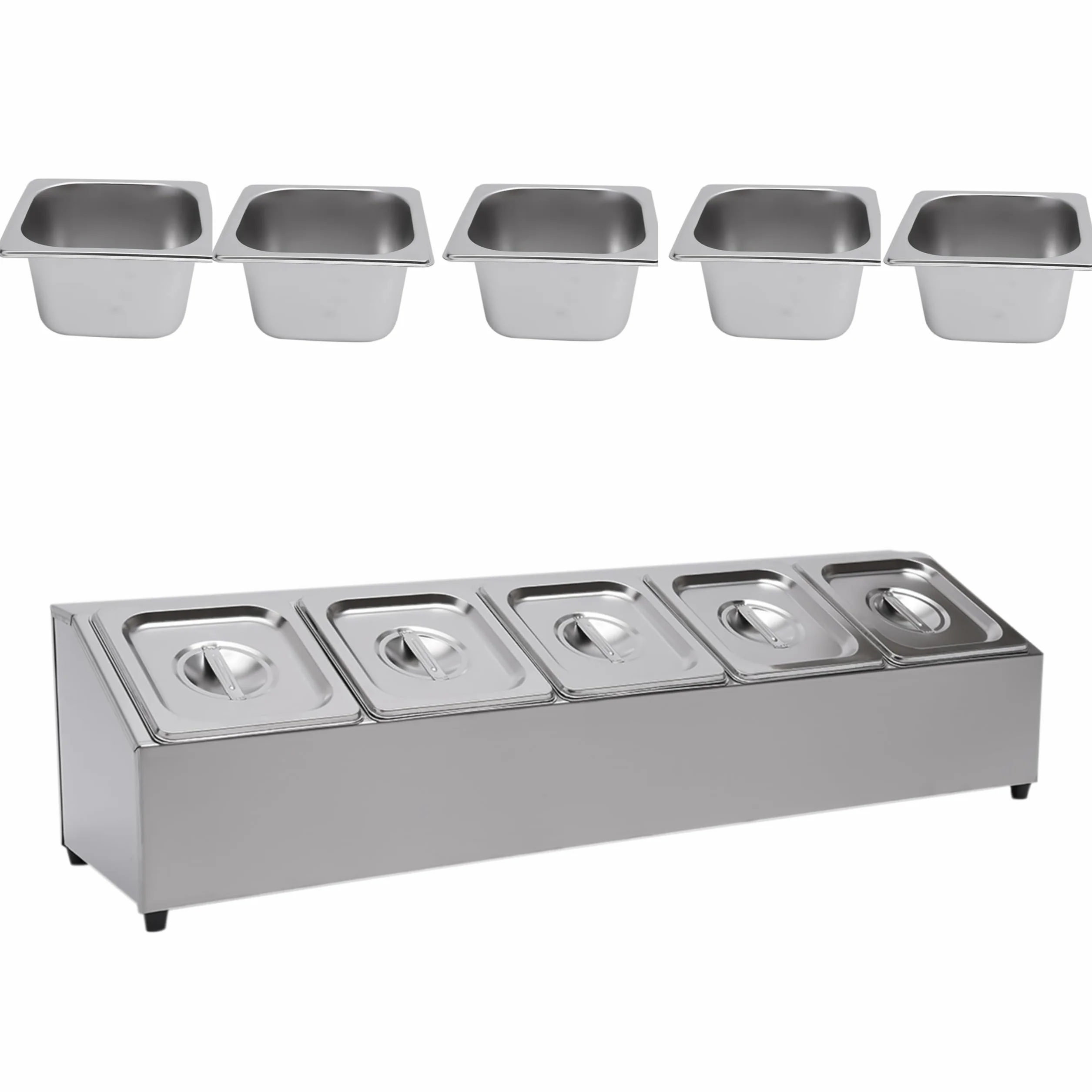 Caja de condimentos de acero inoxidable, estación de cobertura de pizza con 5 1/3 sartenes y tapas, contenedor de acero inoxidable, dispensador de condimentos, organizador de especias
