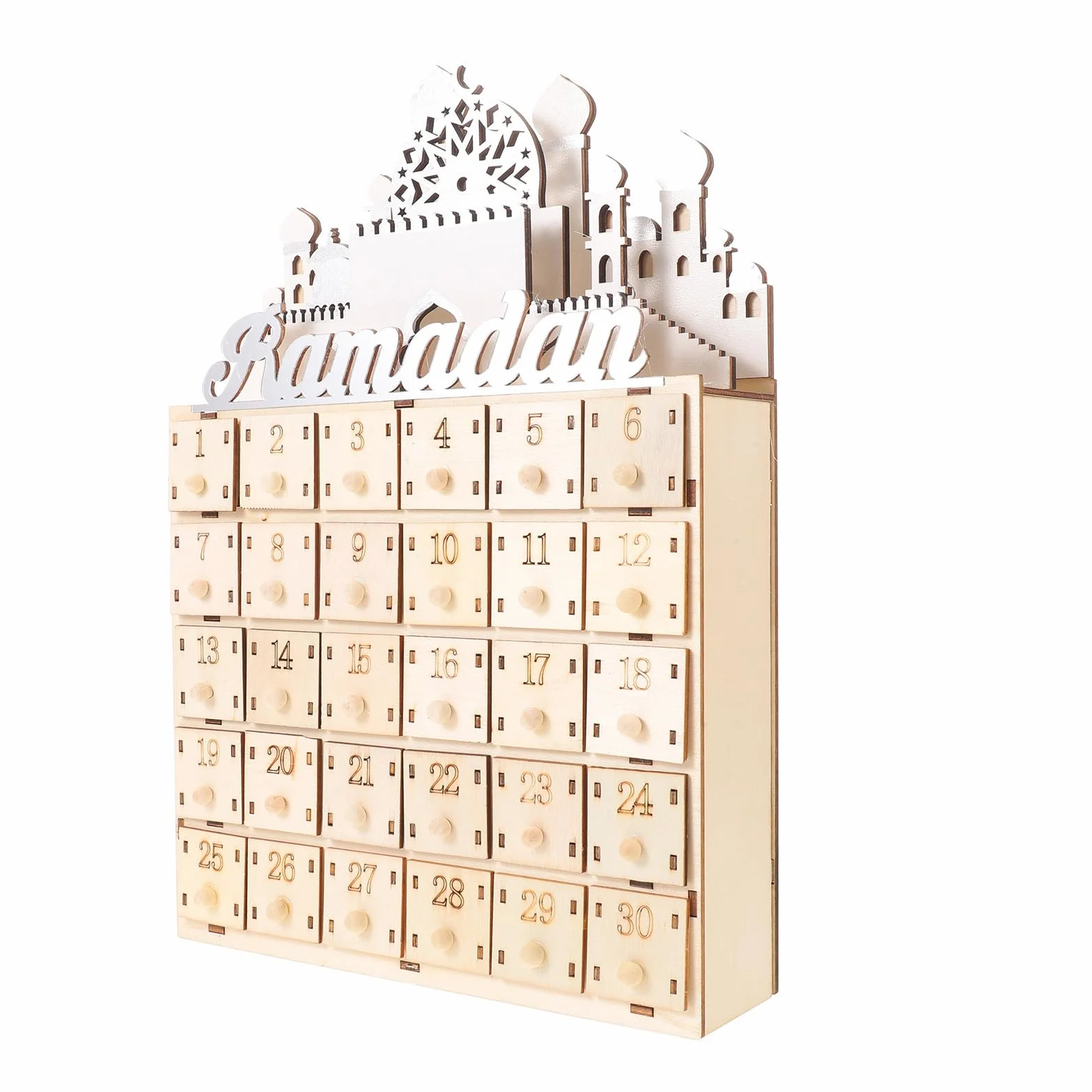 Cabilock Calendario del Eid de Madera con 30 Cajones y Luz Led, Decoración de Cuenta Regresiva para Ramadán y Festival Eid en Sala de Estar