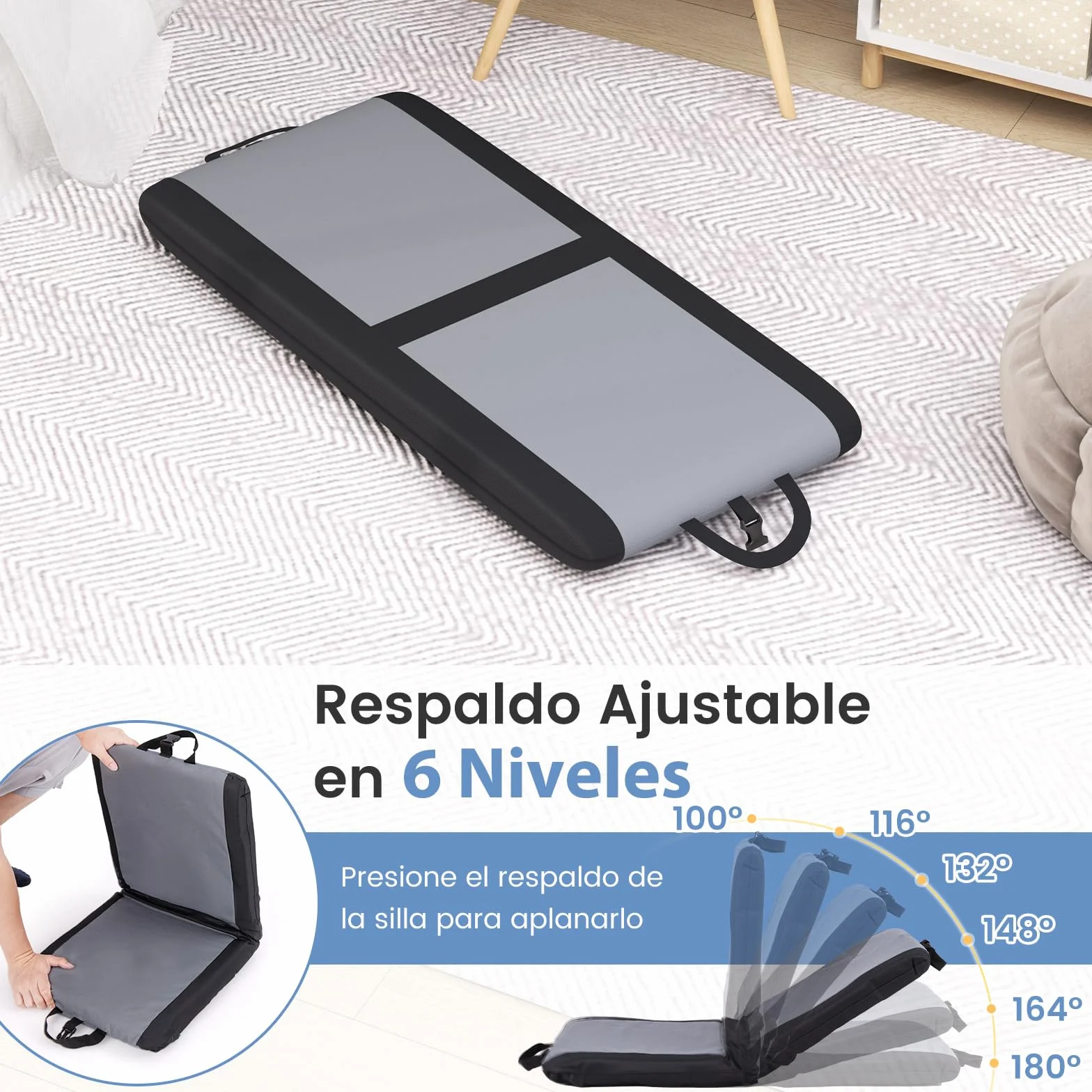 GOPLUS Silla de Suelo Plegable, Asiento de Estadio Portátil con 6 Posiciones de Reclinado, Asa Portátil, Cómodo Cojín, Silla Reclinable con Respaldo, para Eventos Deportivos, Camping