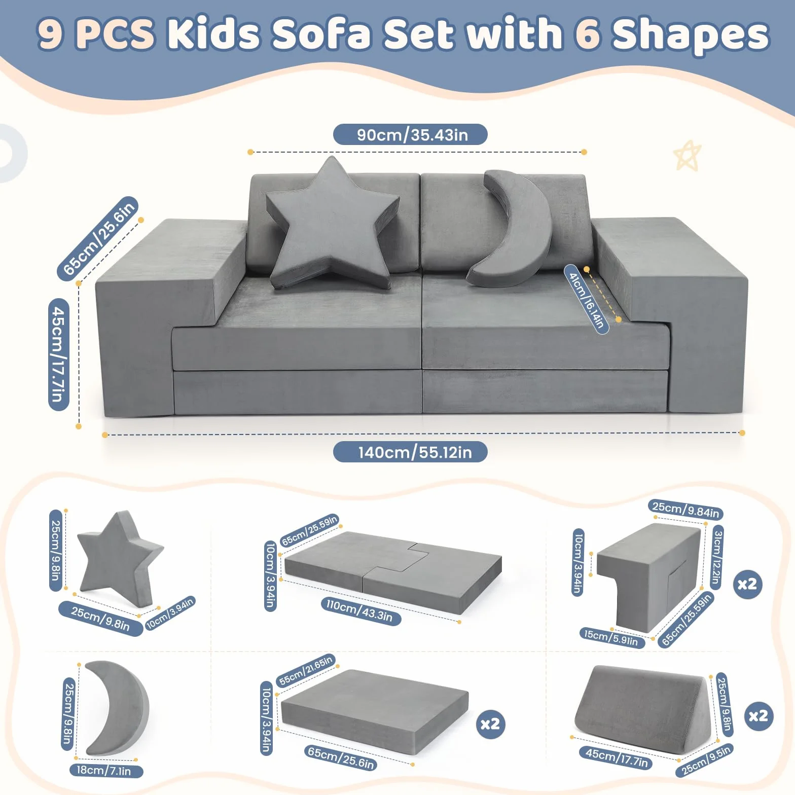 Sofá Infantil, Sofá Modular de Juego 9 Piezas para Niños, Sofá Combinable DIY con Cojines Luna y Estrella, Transformable en Sofá y Castillo de Juegos, Regalo Ideal para Niños (Gris)