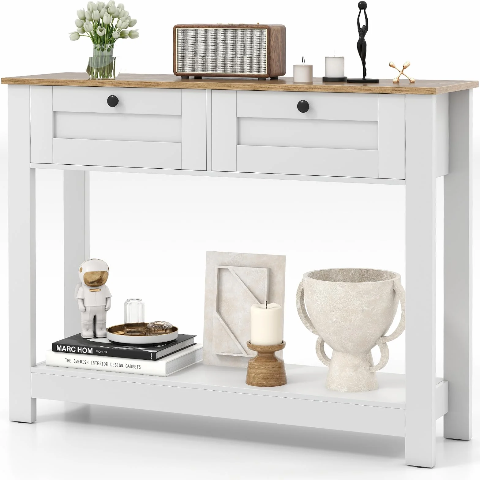 COSTWAY Consola Recibidor con 2 Cajones, Mesa de Entrada Estrecha con Estante Abierto, Mesa Auxiliar con Kits Antivuelco para Salon, Pasillo, Entrada, 106 x 30 x 81,5 cm