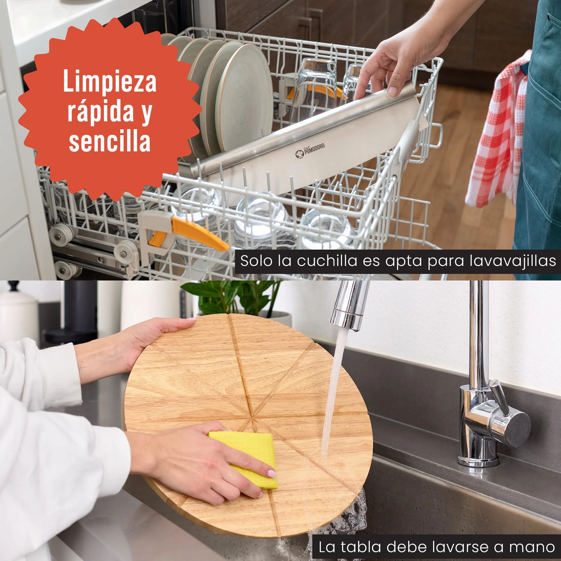 Chef Pomodoro Cortador de Pizza 14" Cuchilla Oscilante Acero Inoxidable Tabla Madera