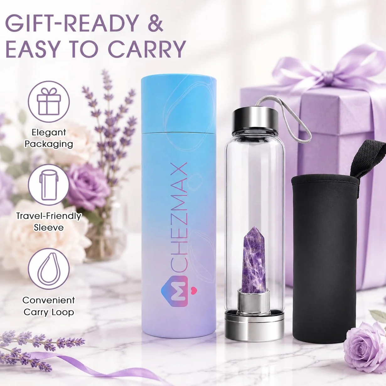 ChezMax Botella de agua de cristal con cristal natural extraíble