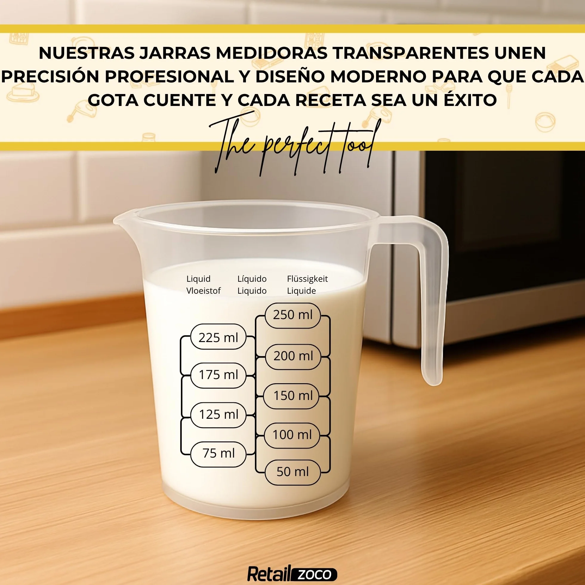 CHEFZOCO Jarra Medidora, Vaso Medidor, Plástico Transparente, Graduación Dual ml/gr, Apto Microondas