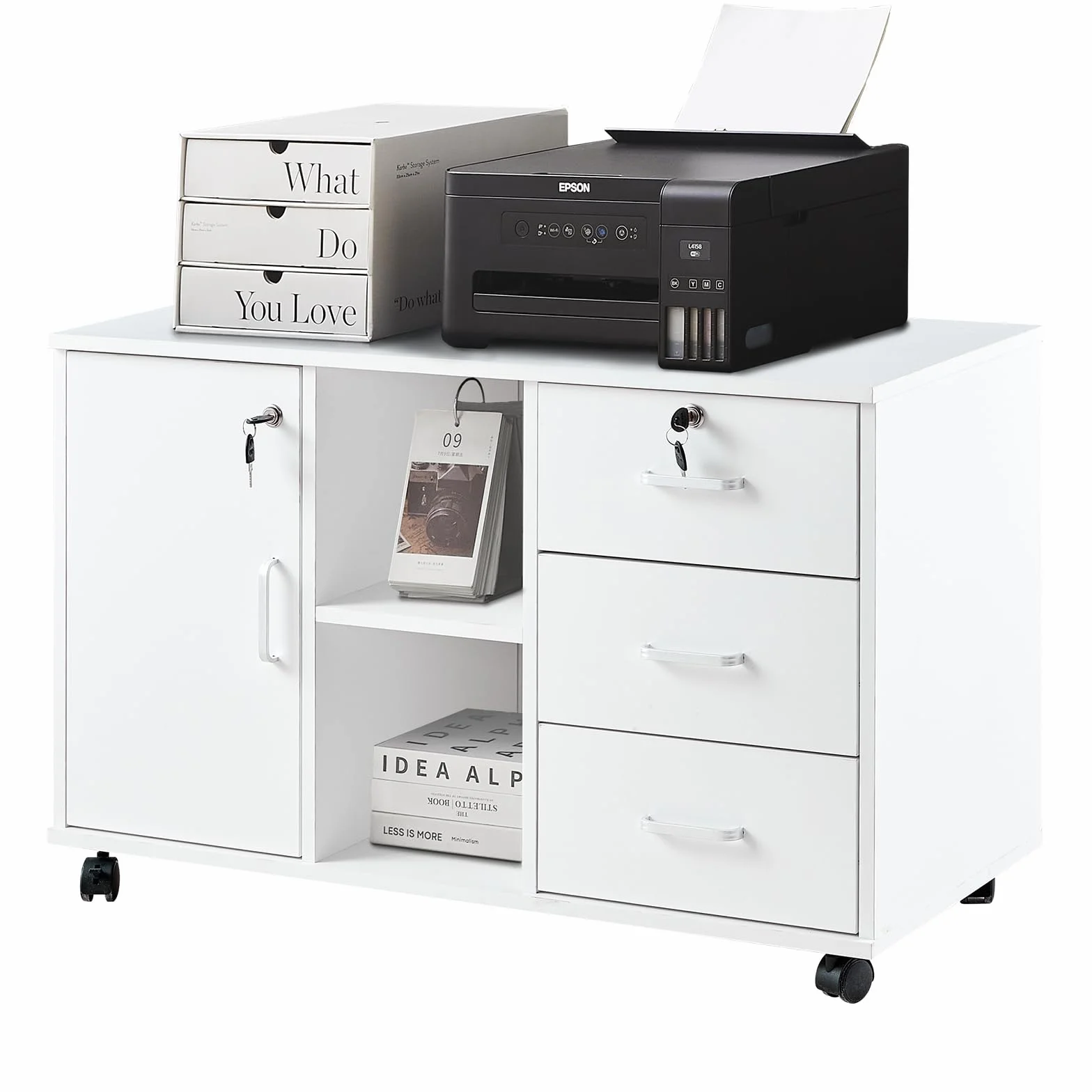 TUKAILAi Archivador Móviles con Compartimentos Abiertos y 4 Cajones, Armario de Oficina con Ruedas, Armario Multiusos con Gran Almacenaje para A4 Documentos 40 x 90 x 57 cm (Blanco)