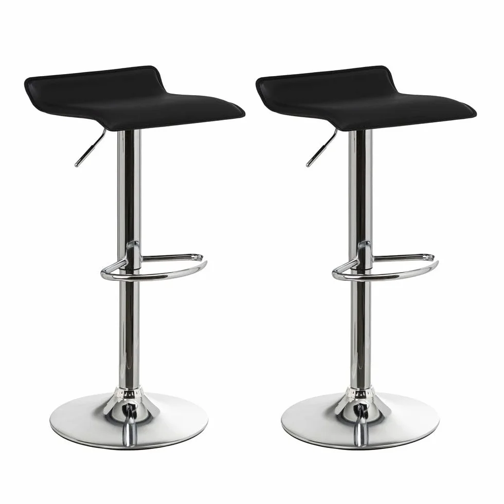 2 taburetes de cocina regulables en altura negros cuadrados sin respaldo | Asiento cuadrado tapizado en polipiel. Sin respaldo. Pie giratorio gris. Altura ajustable de 63 a 83 cm. Resiste hasta 120 kg