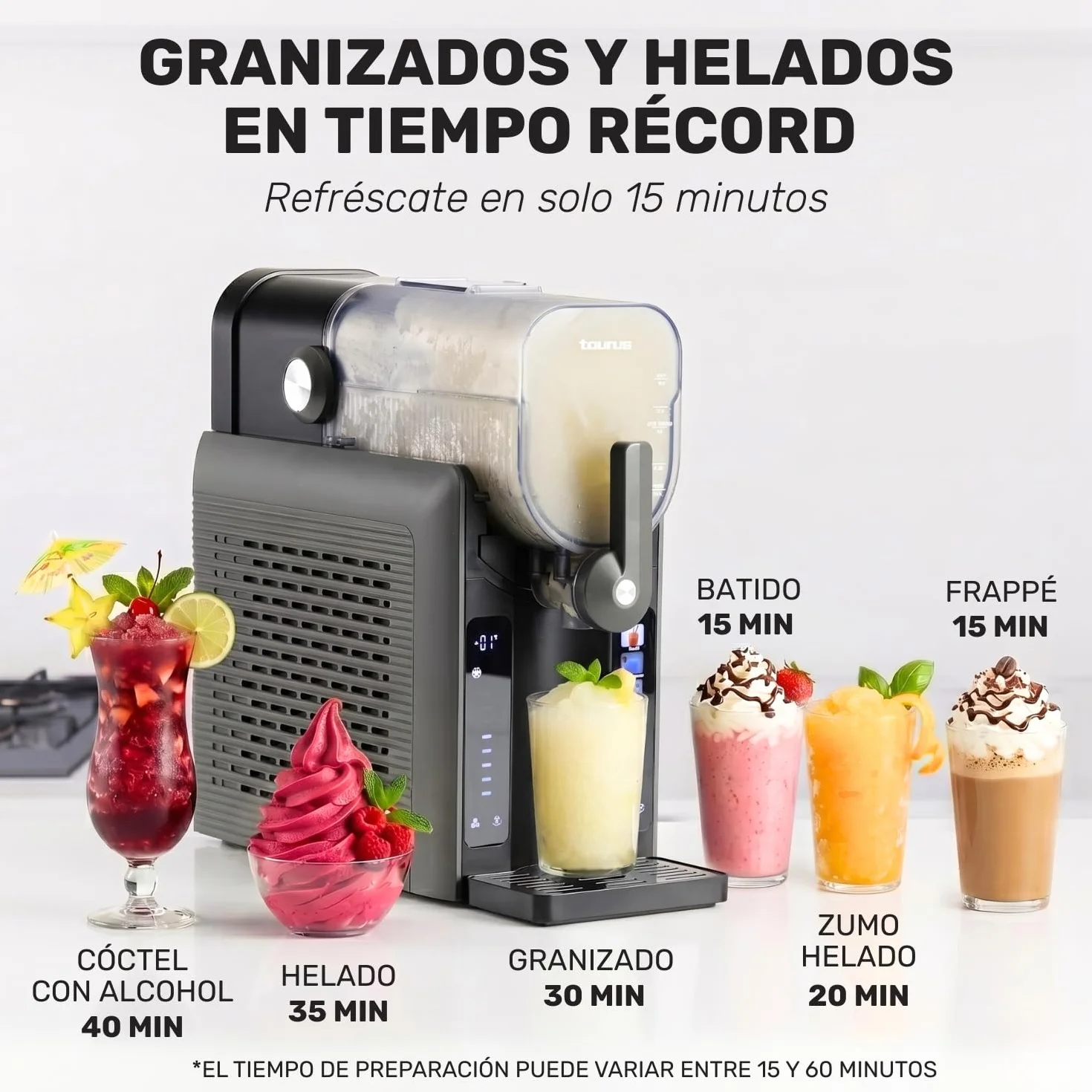Taurus – Máquina de Granizados Ice Flow 2600 | Capacidad 1,6L | 6 Programas de Bebidas heladas y granizadas | Listas en 15 min | Diseño compacto | Pantalla Táctil | Autolimpieza + Apto Lavavajillas