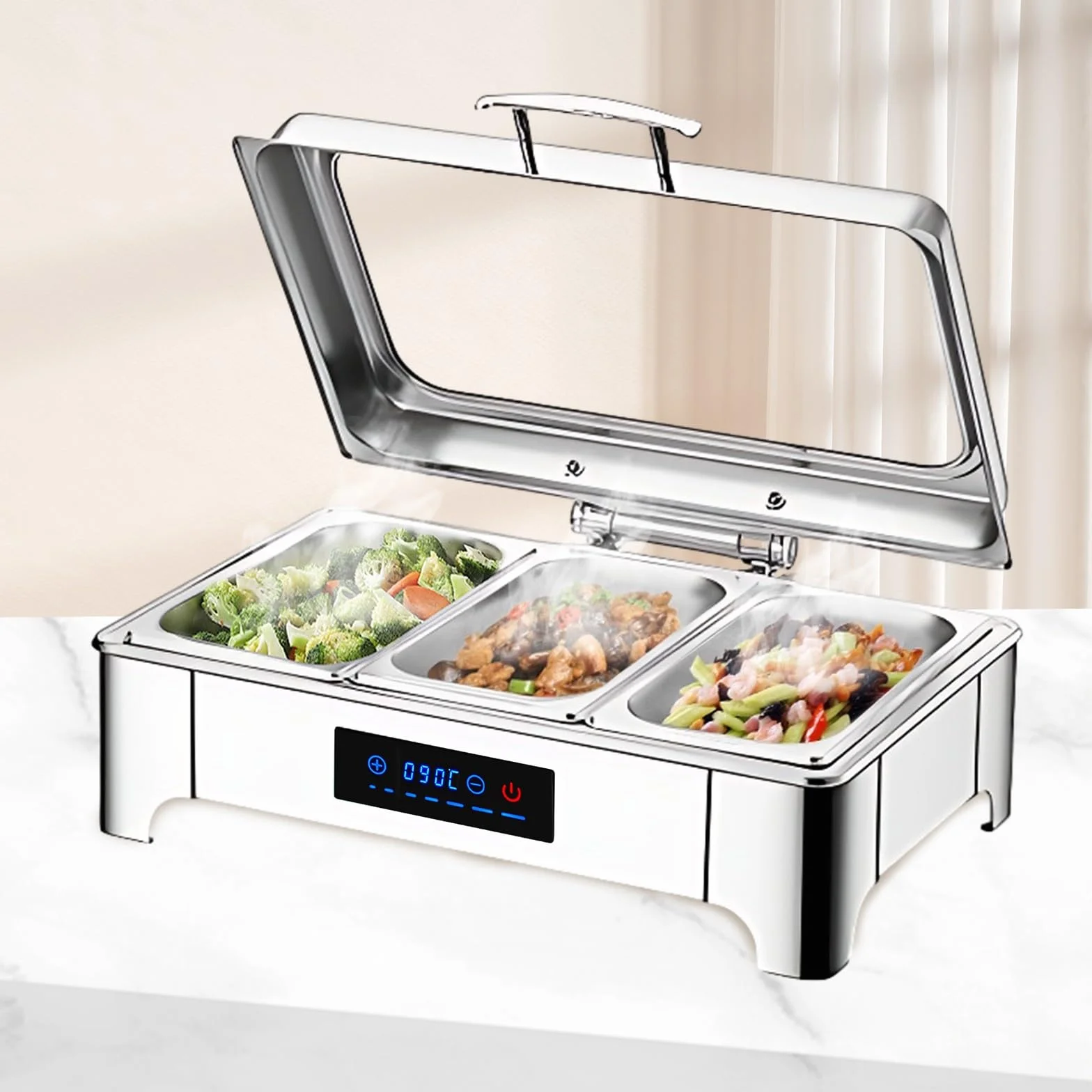 Chafing Dish Electrico, 9L Calentador de Comida Electrico para Buffet Temperatura Regulable, Chafing Dish Buffet con Tapa Transparente Acero Inoxidable(B, 1/3 Pan)