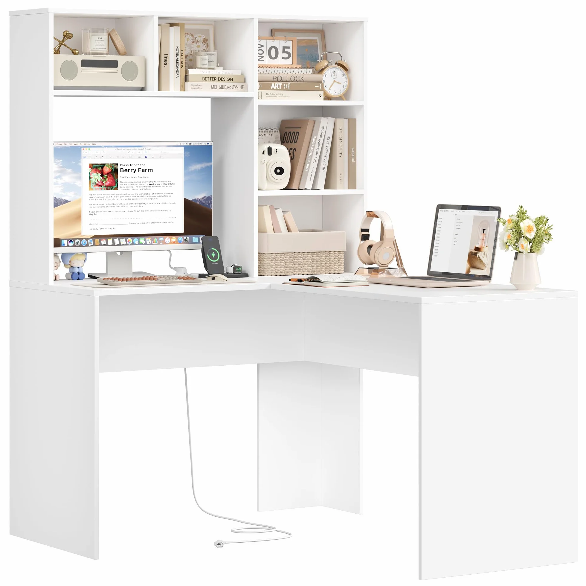 FirFurd Escritorio Esquinero con Estantería, Escritorio Juvenil, Mesa Ordenador en Forma de L, con Regleta, Mesa para Estudio, Dormitorio, Oficina, Blanco