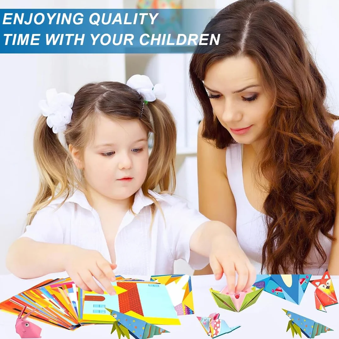 Kit de Origami para Niños 108 Hojas de Papel con 54 Patrones + 50 Papeles de Colores, Libro de Instrucciones, 14x14cm