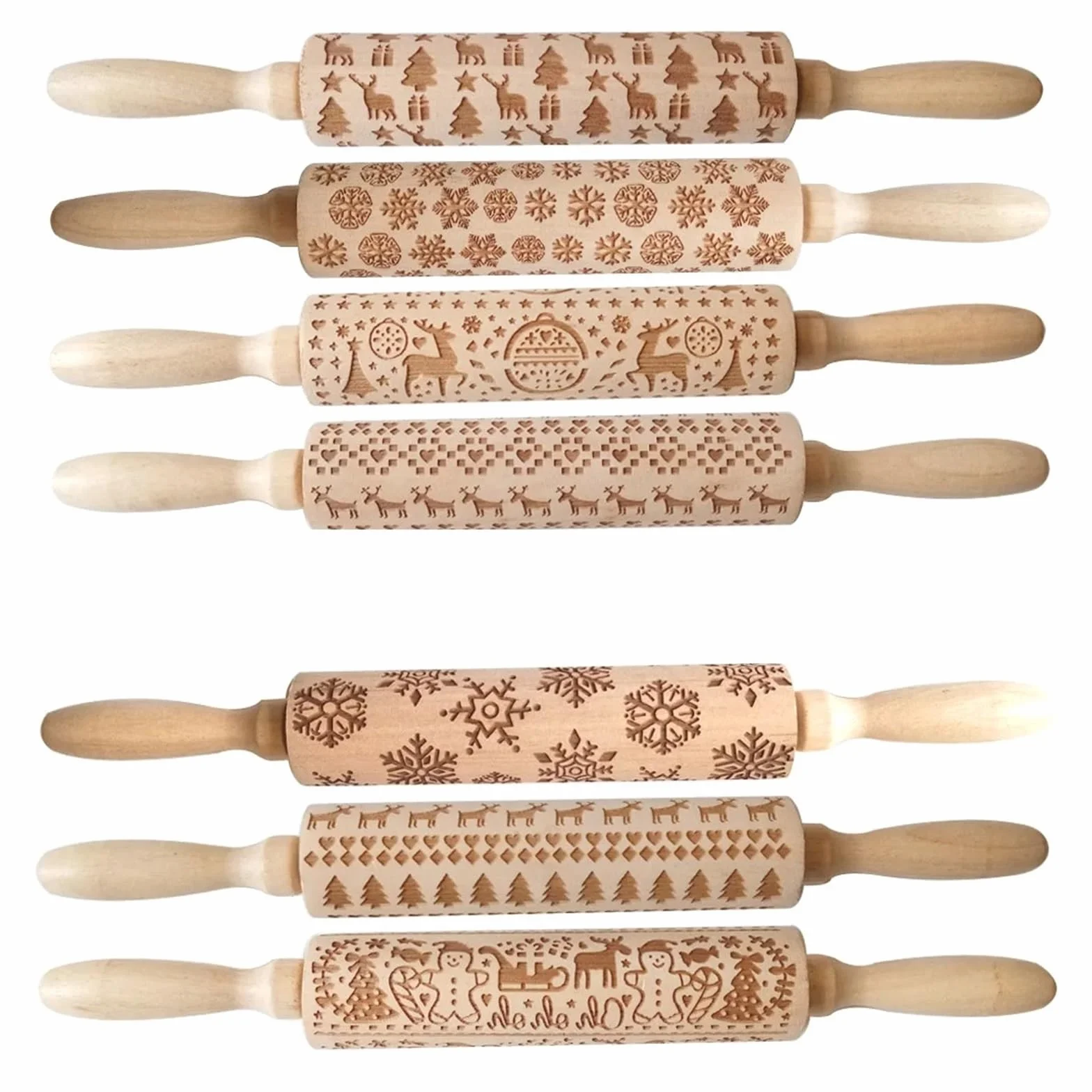 Rodillo de amasar con diseño de Flores de Reno, Molde de Galletas 3D de Madera en Relieve, Herramientas de repostería DIY grabadas, Rodillo de Masa Rodillo para Masa Madera(Color 4)