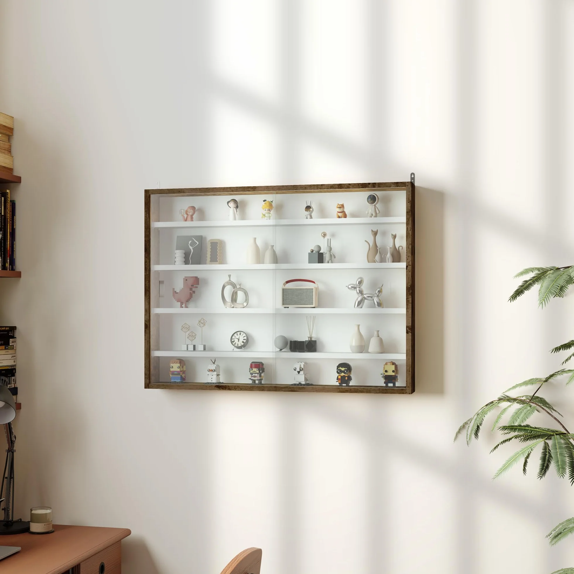 HOMCOM Vitrina para colección Armario de Pared 80 x 9,5 x 60 cm con 4 estantes Regulables en Altura y 2 Puertas correderas de Cristal, para Colecciones de Coches en Miniatura y figuritas, marrón