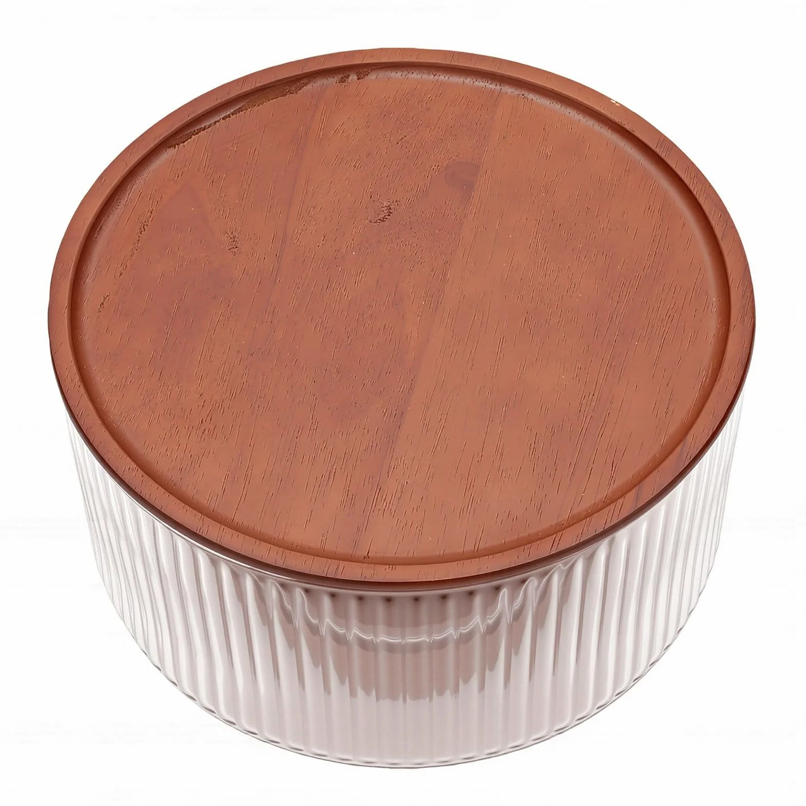 Tosuny Cuenco para Servir de Vidrio Acanalado con Base de Madera |Frutero de Ensalada de Gran Capacidad para Reuniones Familiares y Fiestas (claro)
