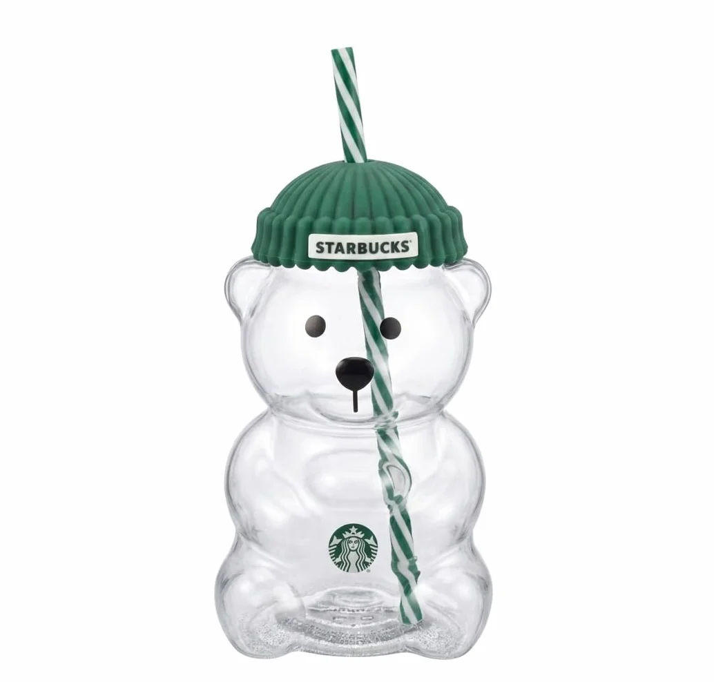 STARBUCKS Vaso Bearista Glass de Vidrio con Forma de Oso, Tapa Verde con Diseño de Gorro Verde, Popote a Rayas