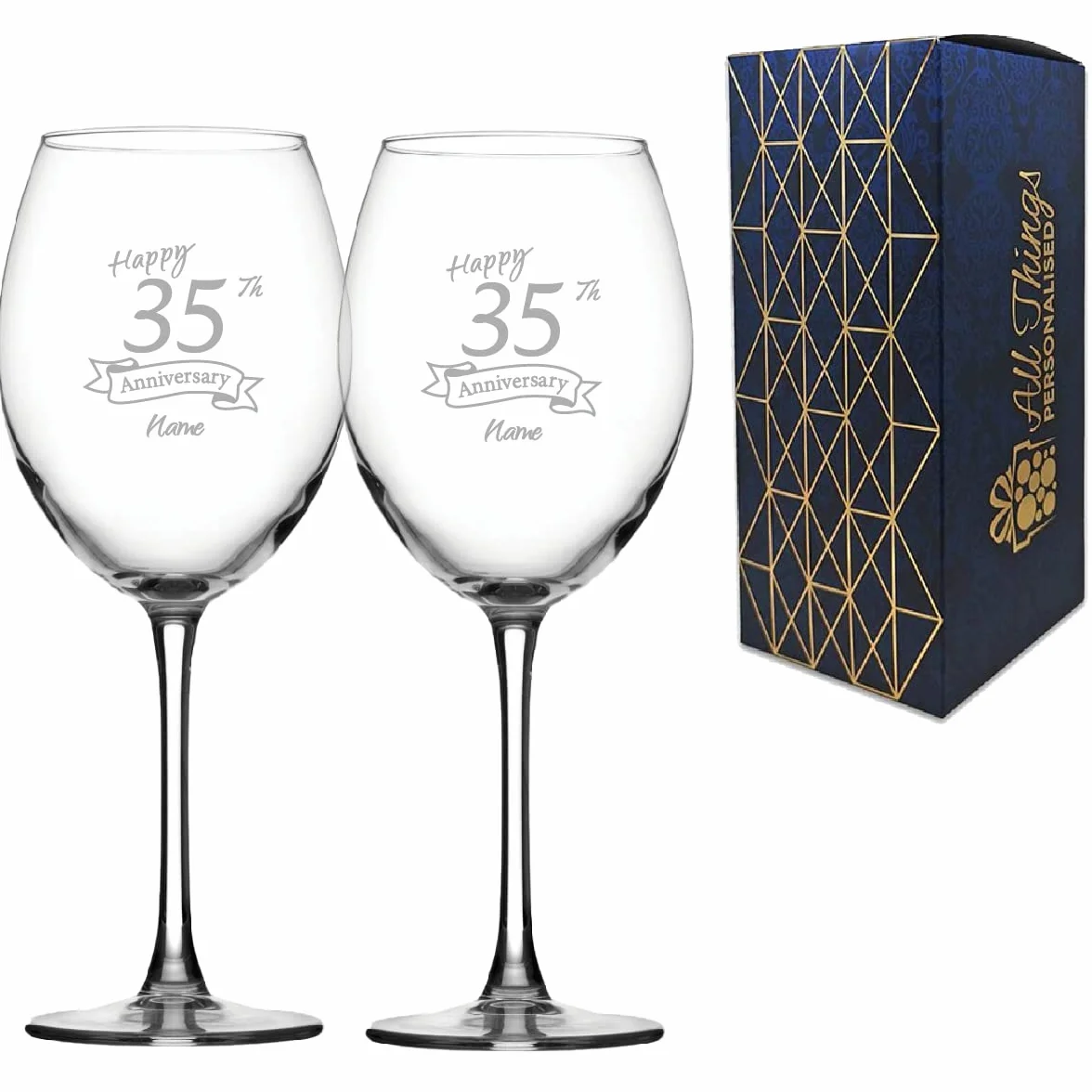 Juego de dos copas grabadas con grabado personalizado de 35 aniversario, copa de vino tinto Enoteca de 19 onzas, grabado en el Reino Unido, personalizable con cualquier nombre, regalo personalizado