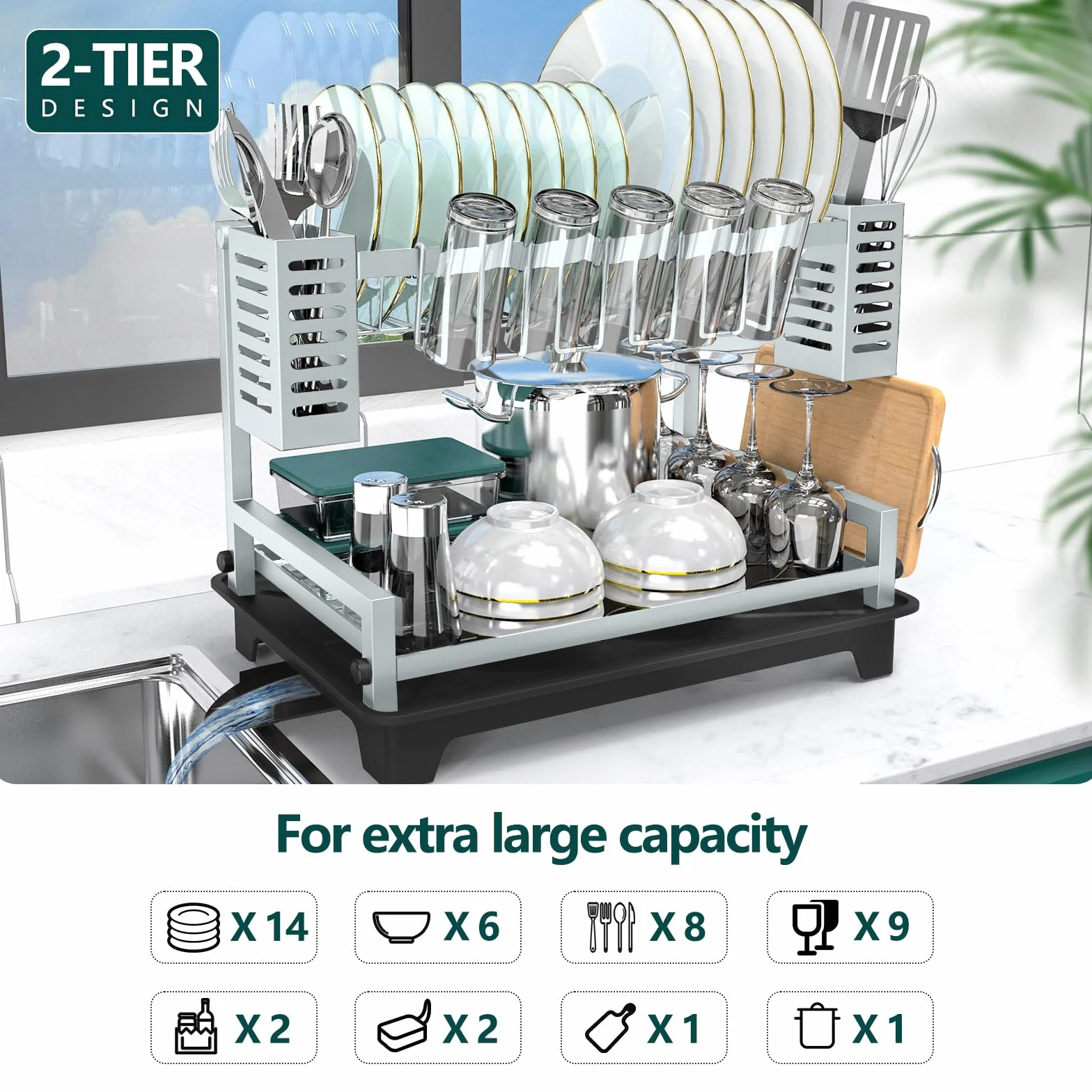 Escurridor de platos de 2 niveles con escurridor y soportes para fregadero, escurridor de platos grande de acero inoxidable para encimera de cocina, ahorro de espacio y resistente a la corrosión