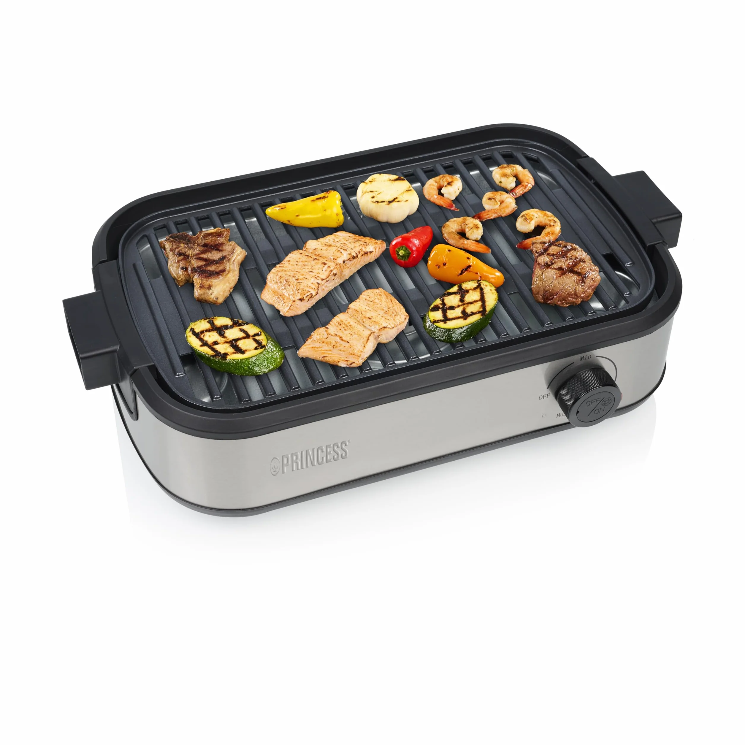 Princess Table Chef Purify Parrilla de Mesa, Barbacoa sin Humo con Sistema de Filtro de Aire, Termostato Regulable, Recubrimiento Ceramico sin PFAS, Superficie de 35 x 21 cm, 103215