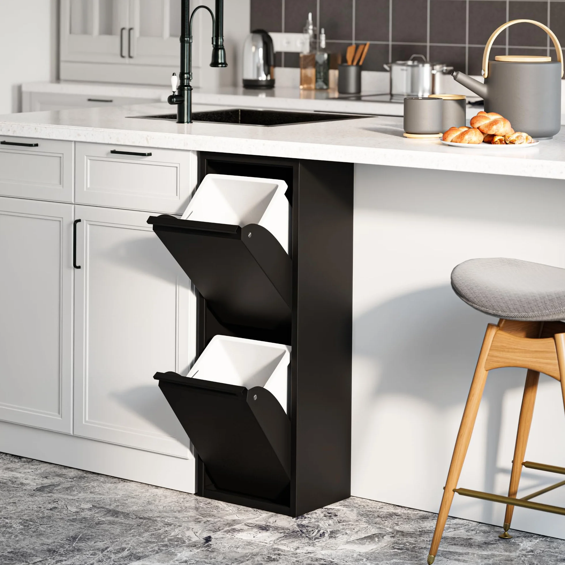 [en.casa] Mueble con 2 Cubos de Basura Sollentuna Cubo de Reciclaje de Cocina 2 x 14 L Instalación Mural Basculante Metal Plástico 93 x 33 x 25 cm - Negro