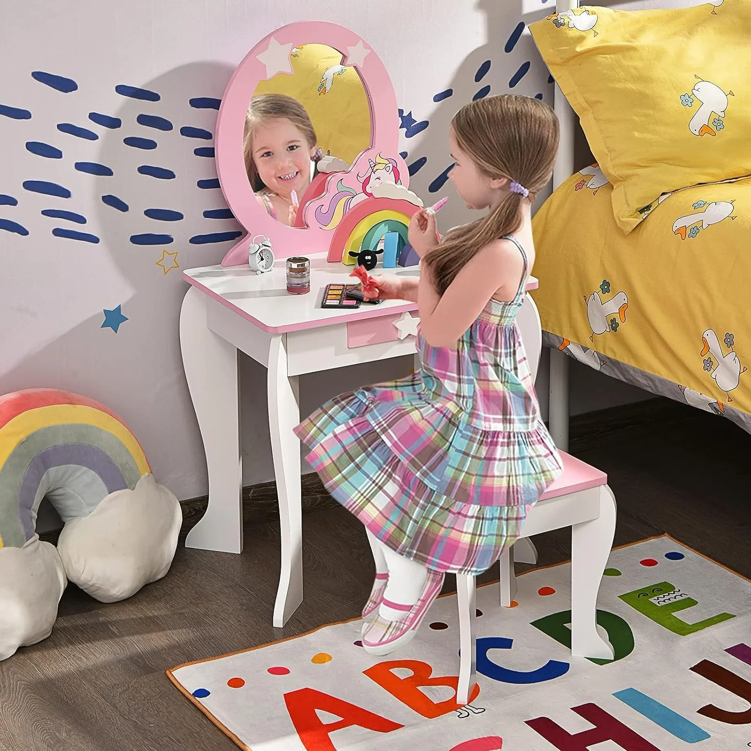 FANTASK Tocador Infantil con cajón y Espejo extraíble, tocador de Princesa con Taburete, tocador Rosa y Blanco para niñas de 3 a 7 años