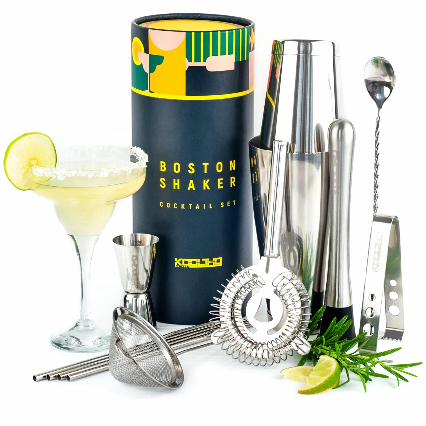 Coctelera Profesional Boston Shaker Set, Kit Cocteleria Boston Tin con Accesorios Cocktail Acero Inoxidable para Cóctel Mojito en Caja Personalizable, Regalo Hombre o Mujer Original