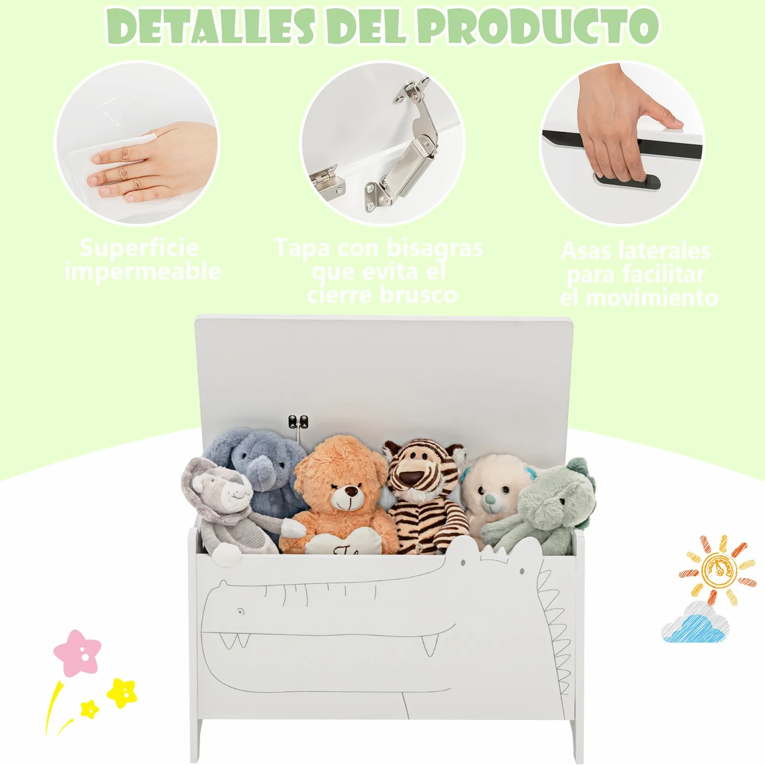 COSTWAY Caja de Almacenamiento de Juguetes de Madera, Cajón Infantil con Bisagra de Seguridad 33x60x37,5cm Blanco