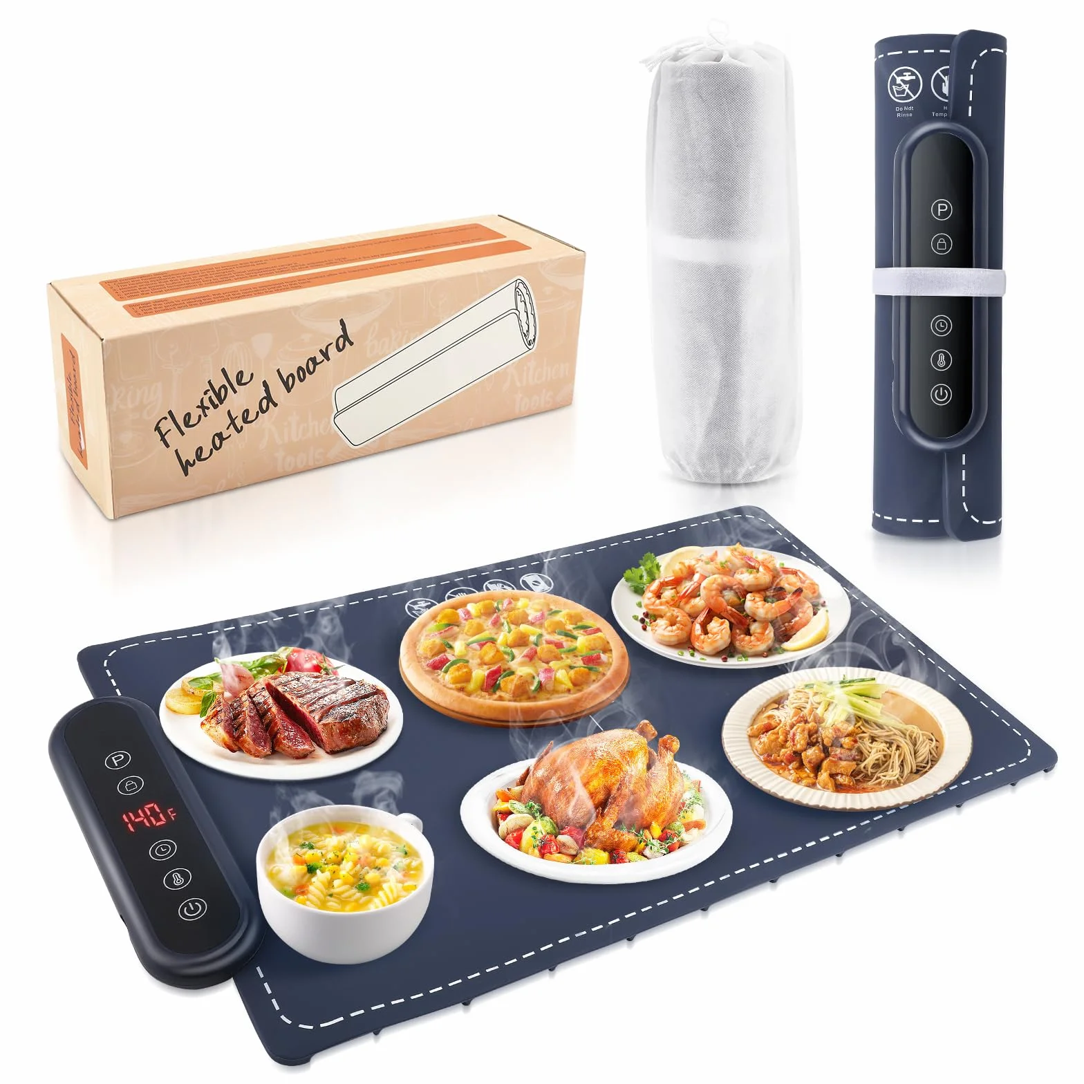 60x38cm Bandeja Calefactora Eléctrica con 6 Temp (50-100 °C), Silicona Bandeja de Calentamiento Plegabl Placa Calentadora de Alimentos Portátil y Temporizador para Bufés, Familia, Fiestas, Eventos