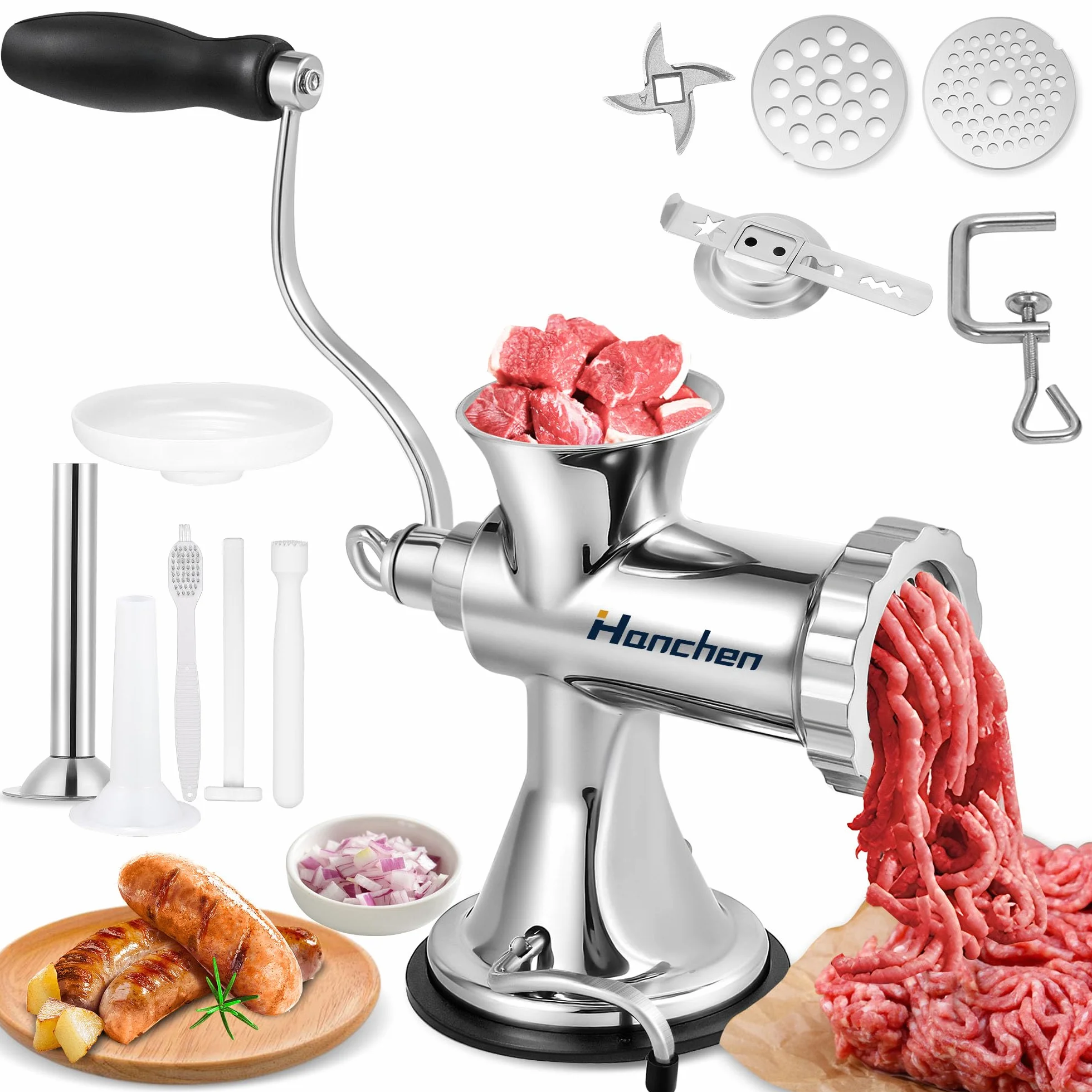 Hanchen Picadora de Carne Manual Acero Inoxidable Máquina de Picar Carne Doméstico y Comercial Embutidora de Salchichas con 2 Discos de Corte para Cerdo Pollo Ternera Verduras