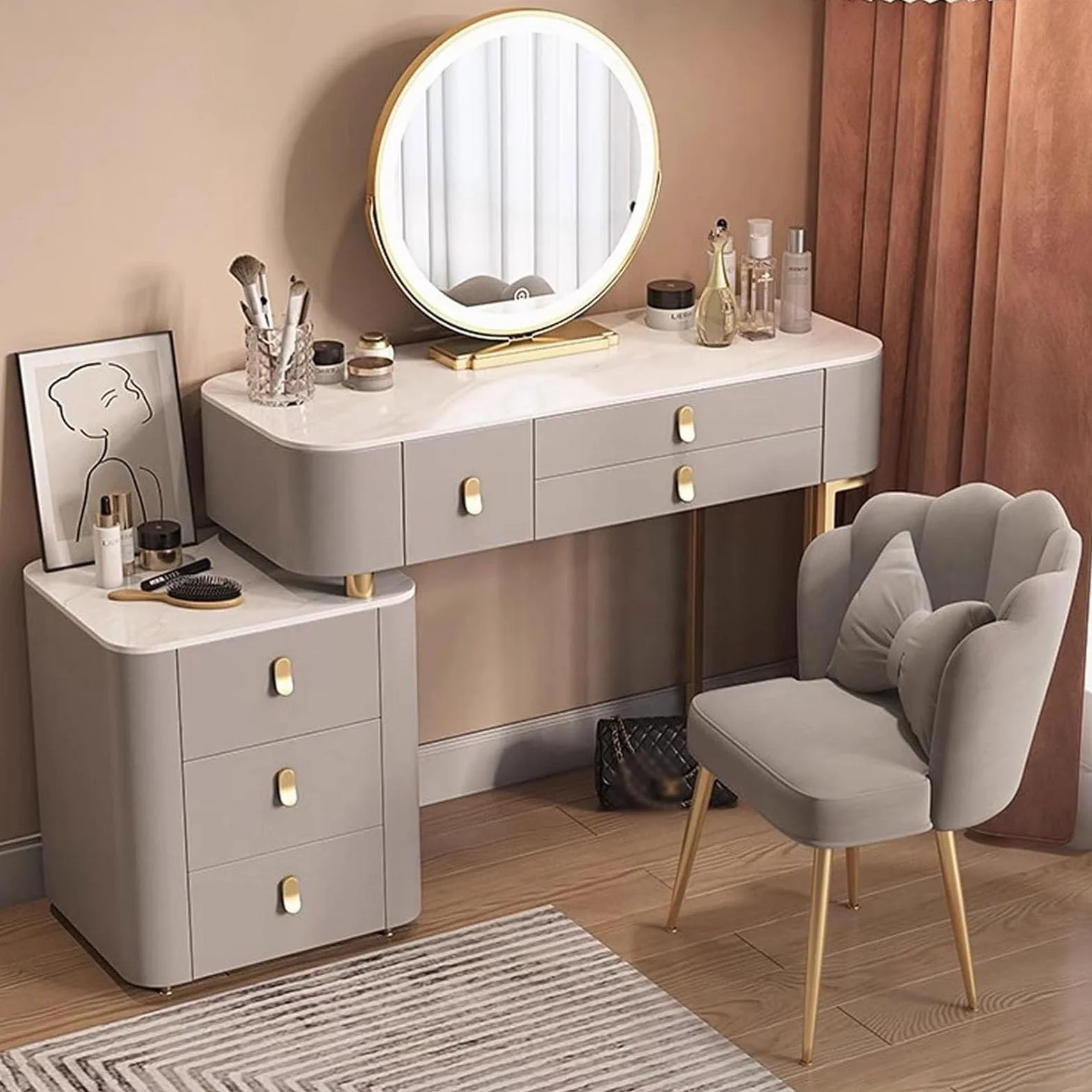 Tocador con luz LED con silla, espejo cosmético y armario lateral, 6 cajones, ideal para regalo para hija y esposa