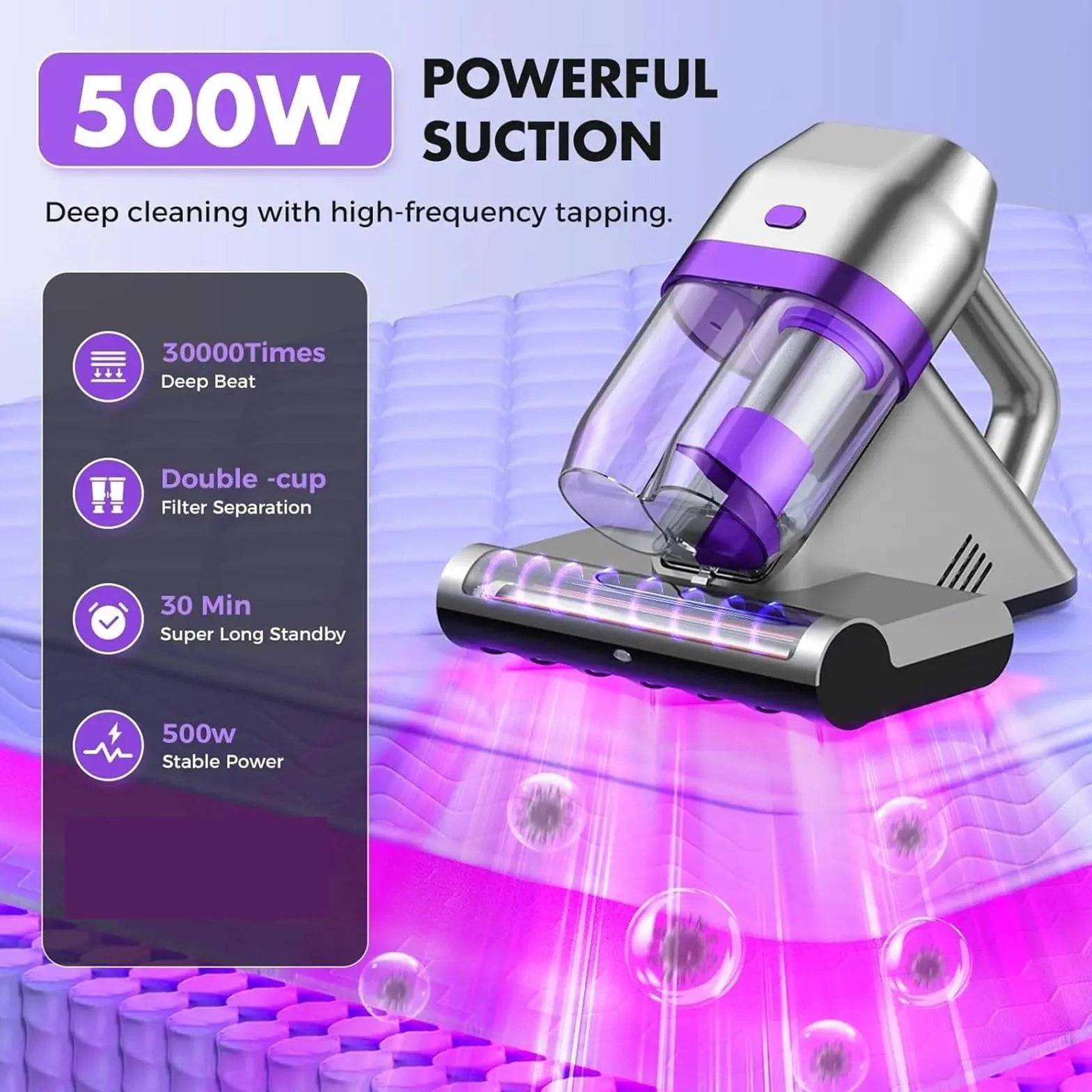 Aspirador de colchones, Aspiradora De Cama, Colchones con Ultrasonidos, Succión 16 KPa, Almohadas Y Alfombras, 500 W (con Cable) para Cama(Black)