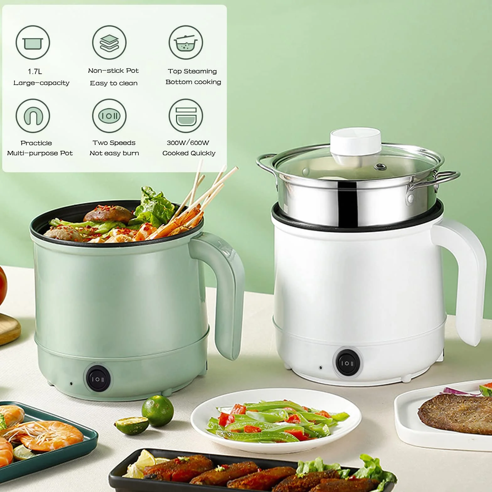 Olla Eléctrica 1.7L Vaporera Multifunción Térmico Hot Pot Shabu