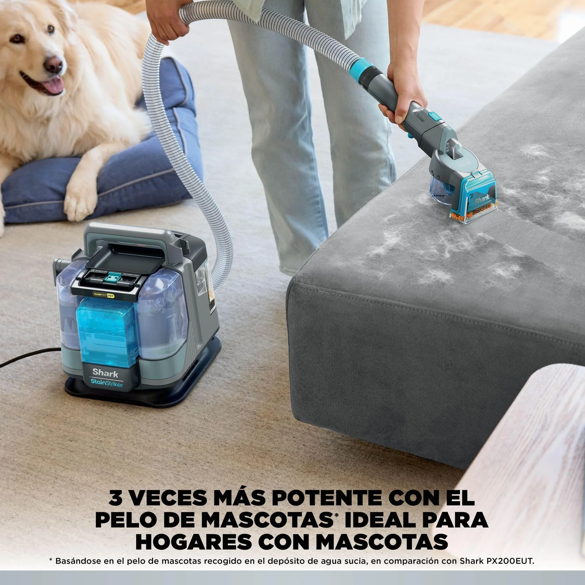 Shark StainStriker HairPro Pet Limpiador Portátil para Manchas y Pelo de Mascota - Succión de 450 W y Herramienta Extractora de Pelo - Incluye 4 Accesorios y 2 Soluciones de Limpieza - Gris, PX250EUCP