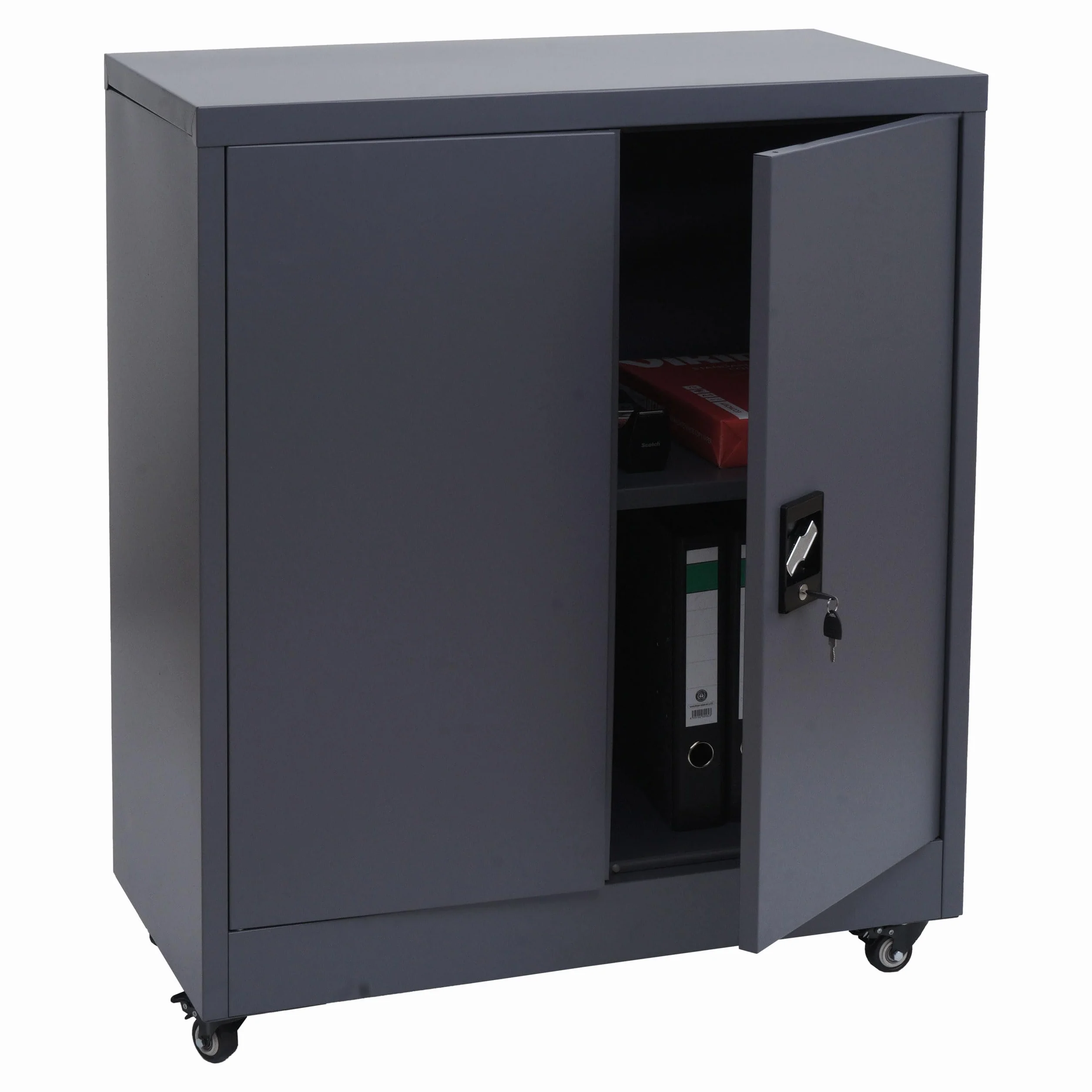 HWC-O50 - Armario archivador de acero con ruedas, 2 puertas con cerradura, acero, 98 x 80 x 40 cm, color gris oscuro