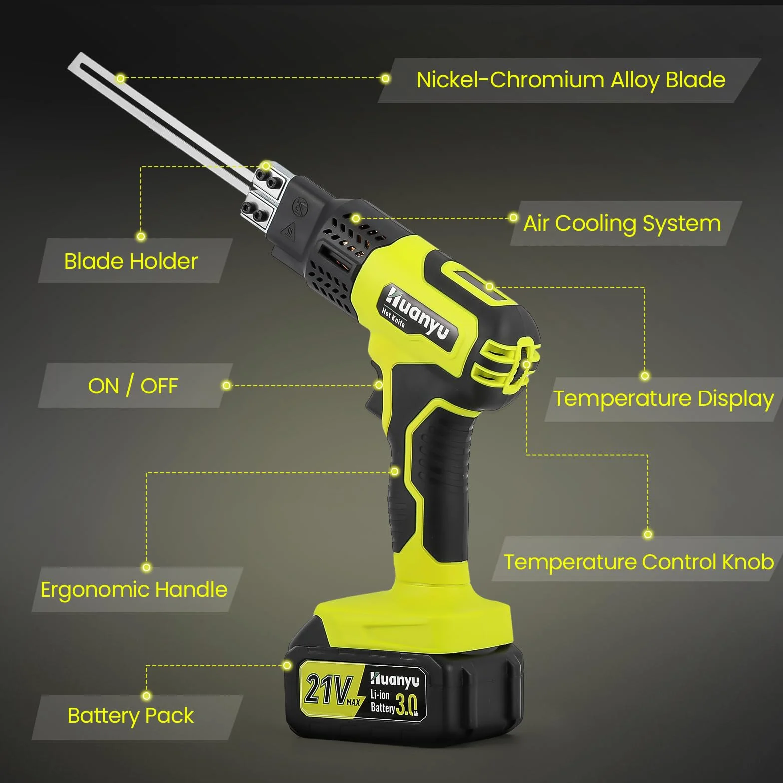 Huanyu Cuchillo Caliente Inalámbrico con 2 cuchillas, 10 cm y 15 cm, 100 W Cuchillo térmico eléctrico con indicador de temperatura de 500 ℃ máx, batería de 3,0 Ah