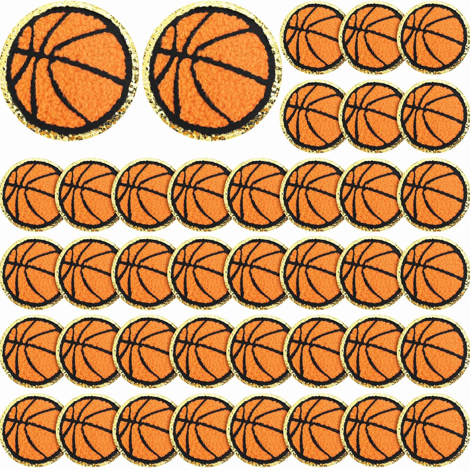 Paquete de 40 parches termoadhesivos de felpilla con bordes dorados, para fútbol, voleibol, baloncesto, béisbol, sóftbol, sombrero, pantalones, ropa (baloncesto)