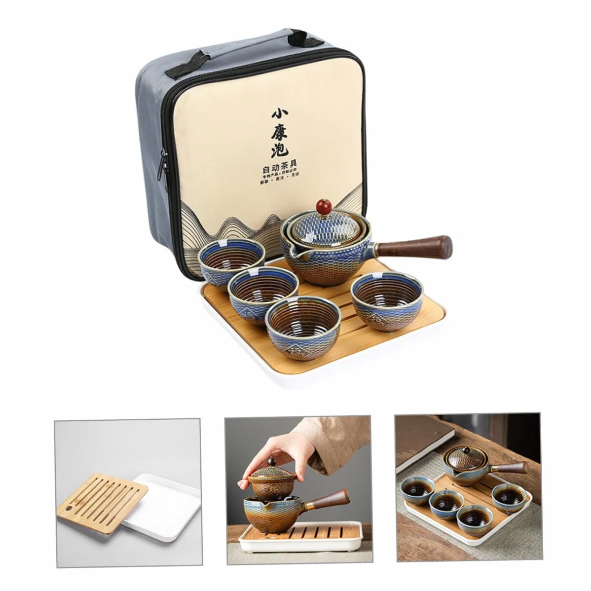 Juego de Té de Cerámica 1 Set de Viaje Portátil para Hogar | Bambú y Madera, Bolsa de Almacenamiento, Diseño Elegante, para Apasionados del Té, Formato Compacto