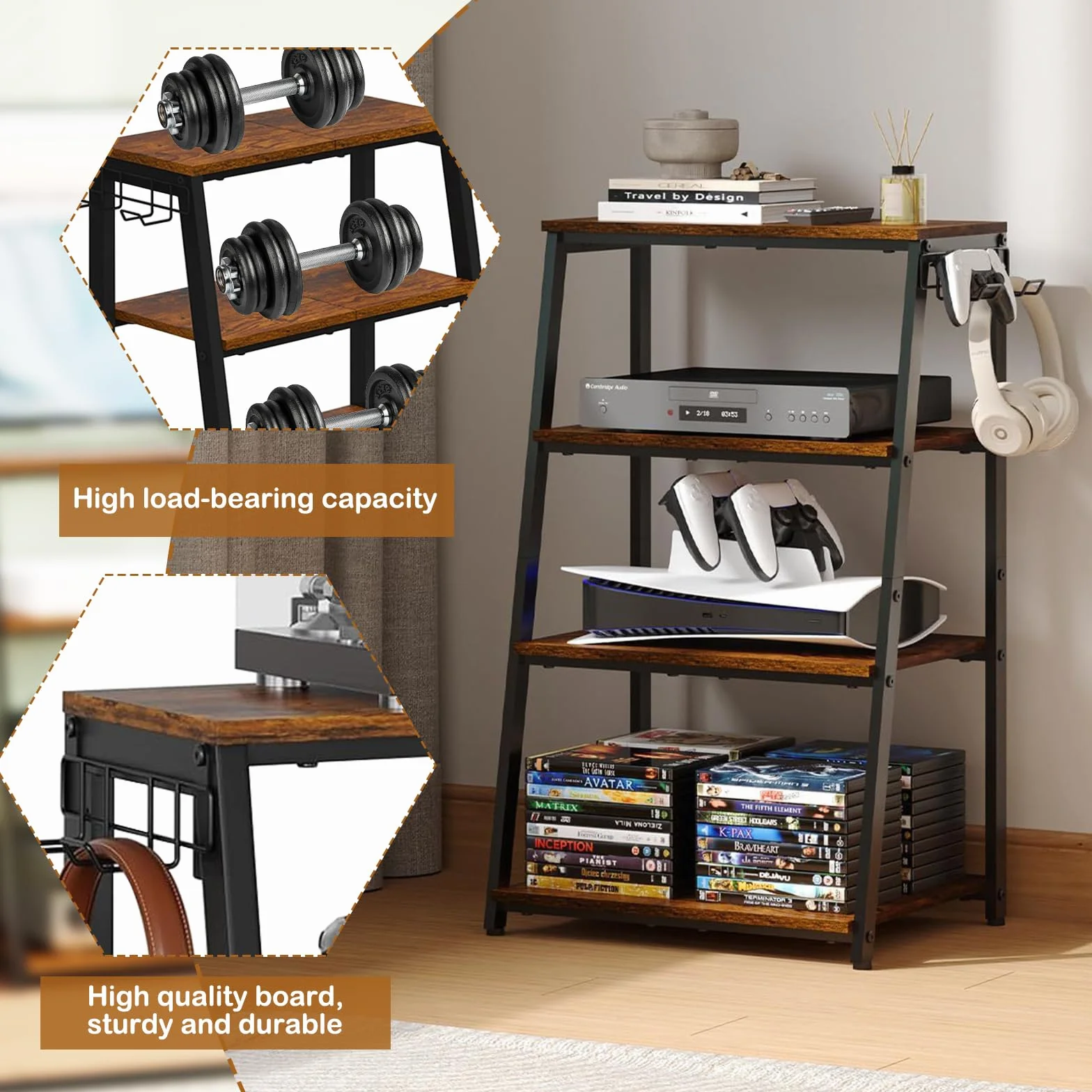 Estantería HiFi de 4 niveles de madera y acero para el hogar, con ganchos, estantería HiFi en forma de escalera con estantes para tocadiscos, equipos estéreos, equipos compactos y consolas de