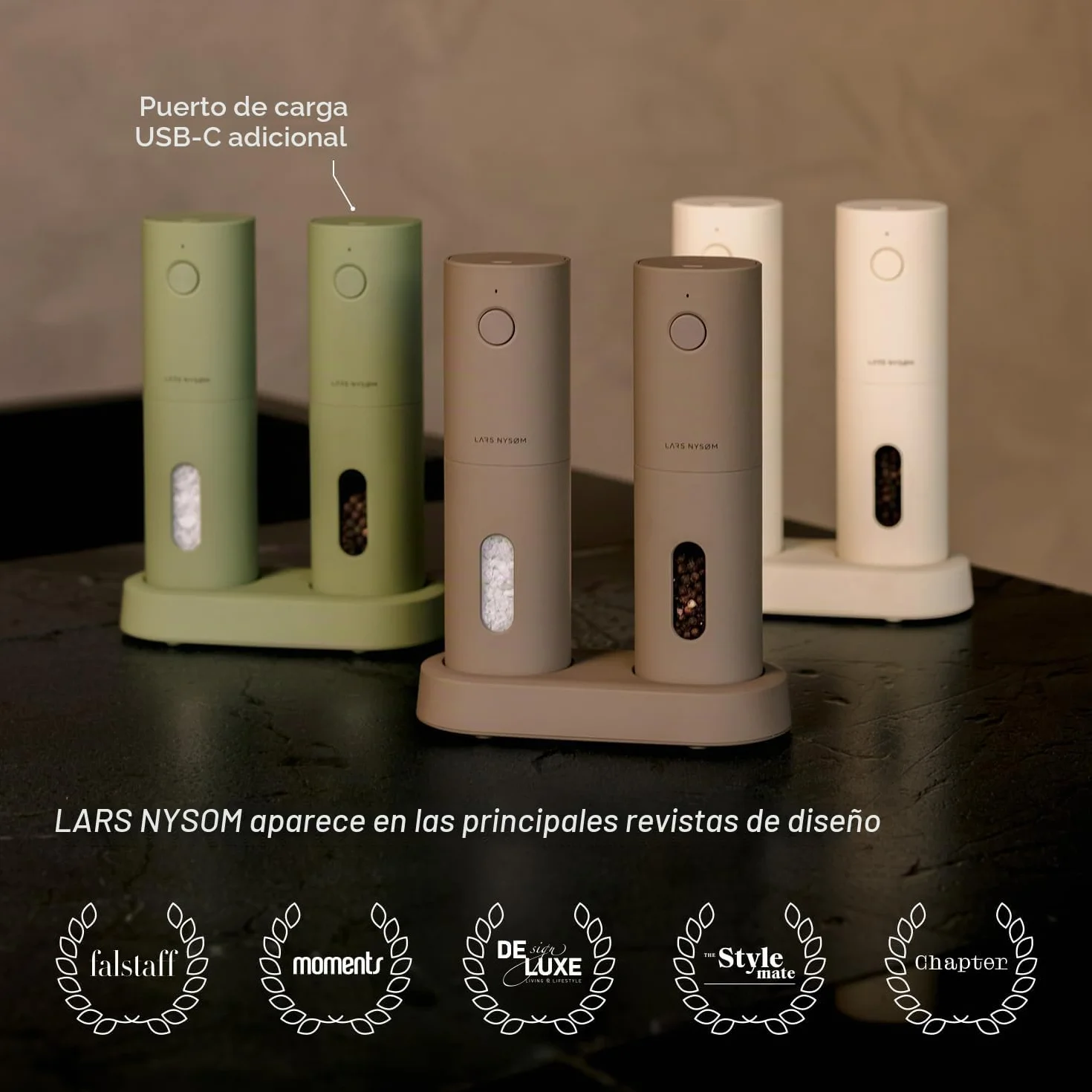 LARS NYSØM Juego de Molinillos Eléctricos de Sal y Pimienta | Molinillos Automáticos con Molino de Cerámica Ajustable | Recargables por USB (Carbon Black)