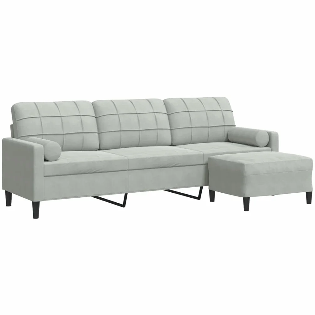 vidaXL Sofá de 3 plazas con Taburete de Terciopelo Gris Claro 210 cm