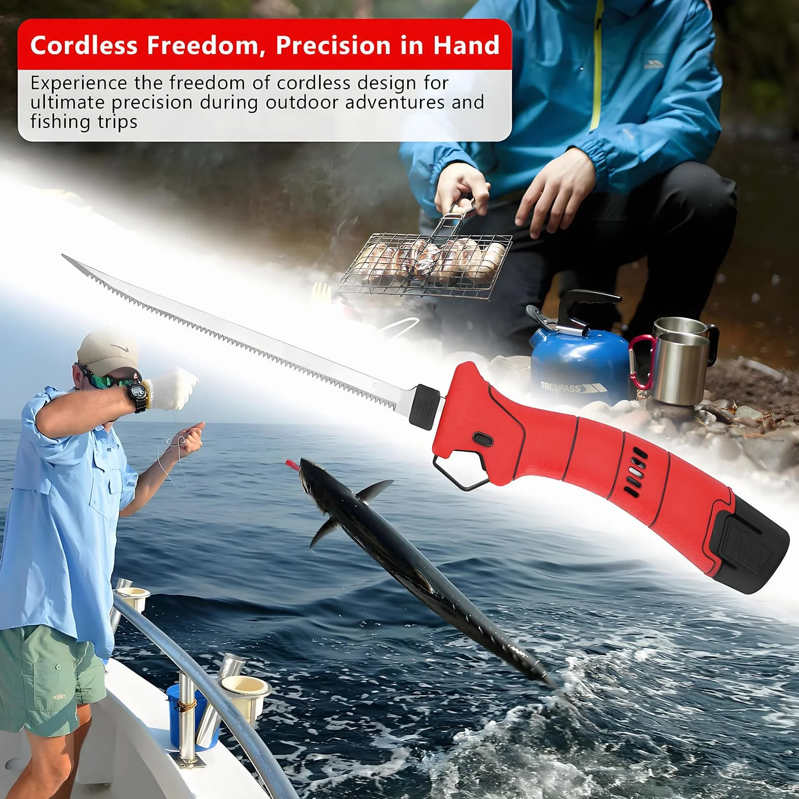 Cuchillo De Filete Eléctrico para Pescado, Cuchillo De Fileteado De Pescado Inalámbrico con 4 Cuchillos De Filete Recíprocos Antiadherentes De Nitruro De Titanio SS