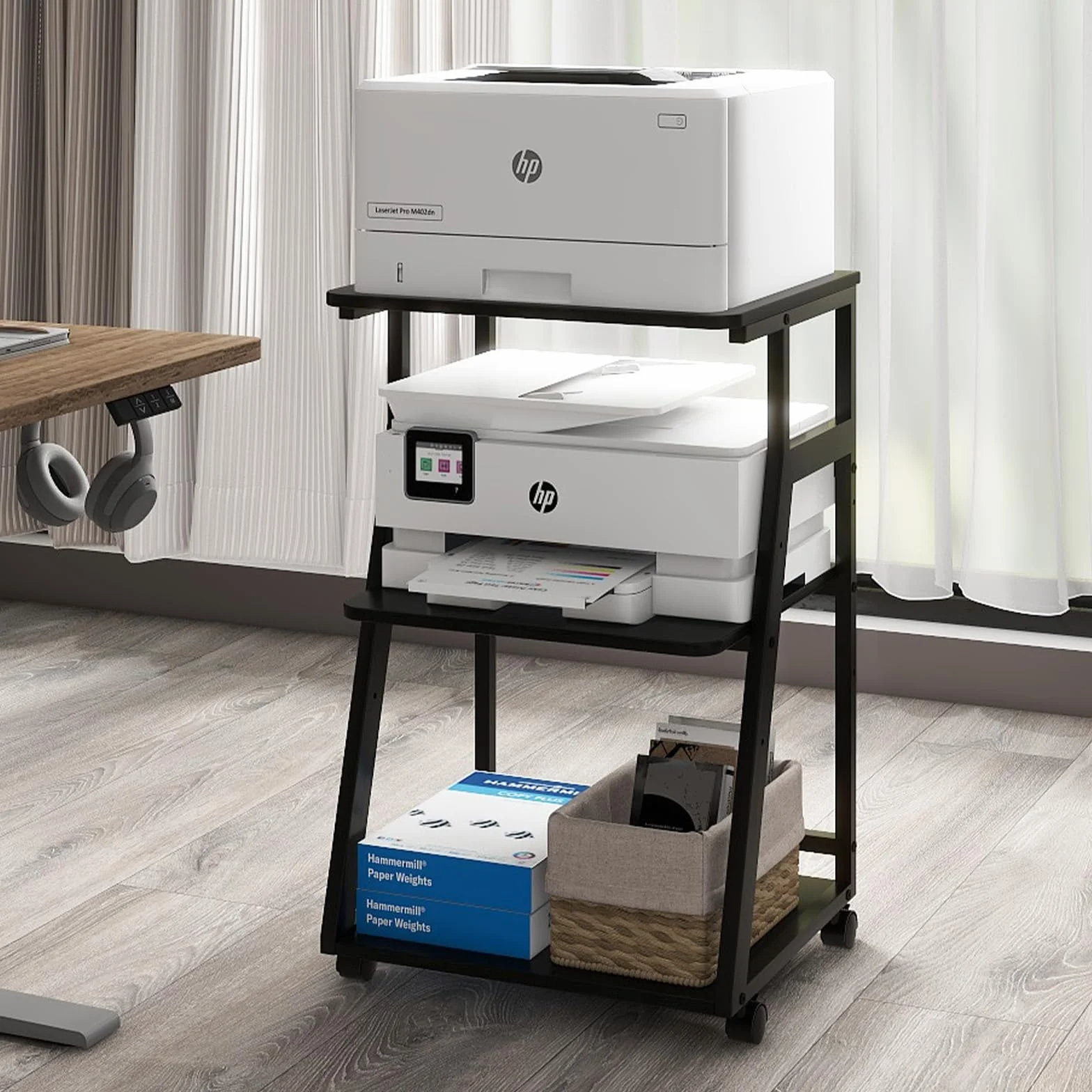 PUNCIA Soporte para Impresora con Ruedas Carrito de 3 Niveles Ajustable 50x40cm Estantería de Madera y Metal para Impresora Fotocopiadora Escáner Mueble Organizador de Oficina Negro