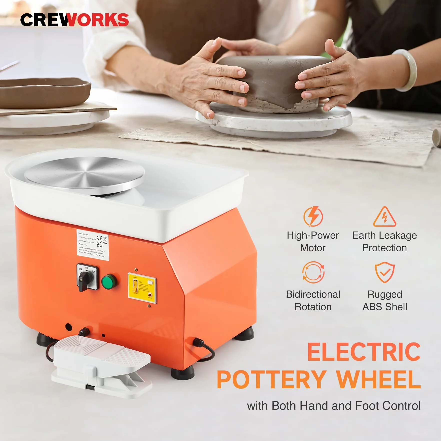 CREWORKS Torno de Alfarero 25cm Rueda de Cerámica con Pedal de Pie 350W Máquina de Rueda de Cerámica Eléctrica Motorizada 300RPM Torno Alfareria Electrico para DIY Artesanía