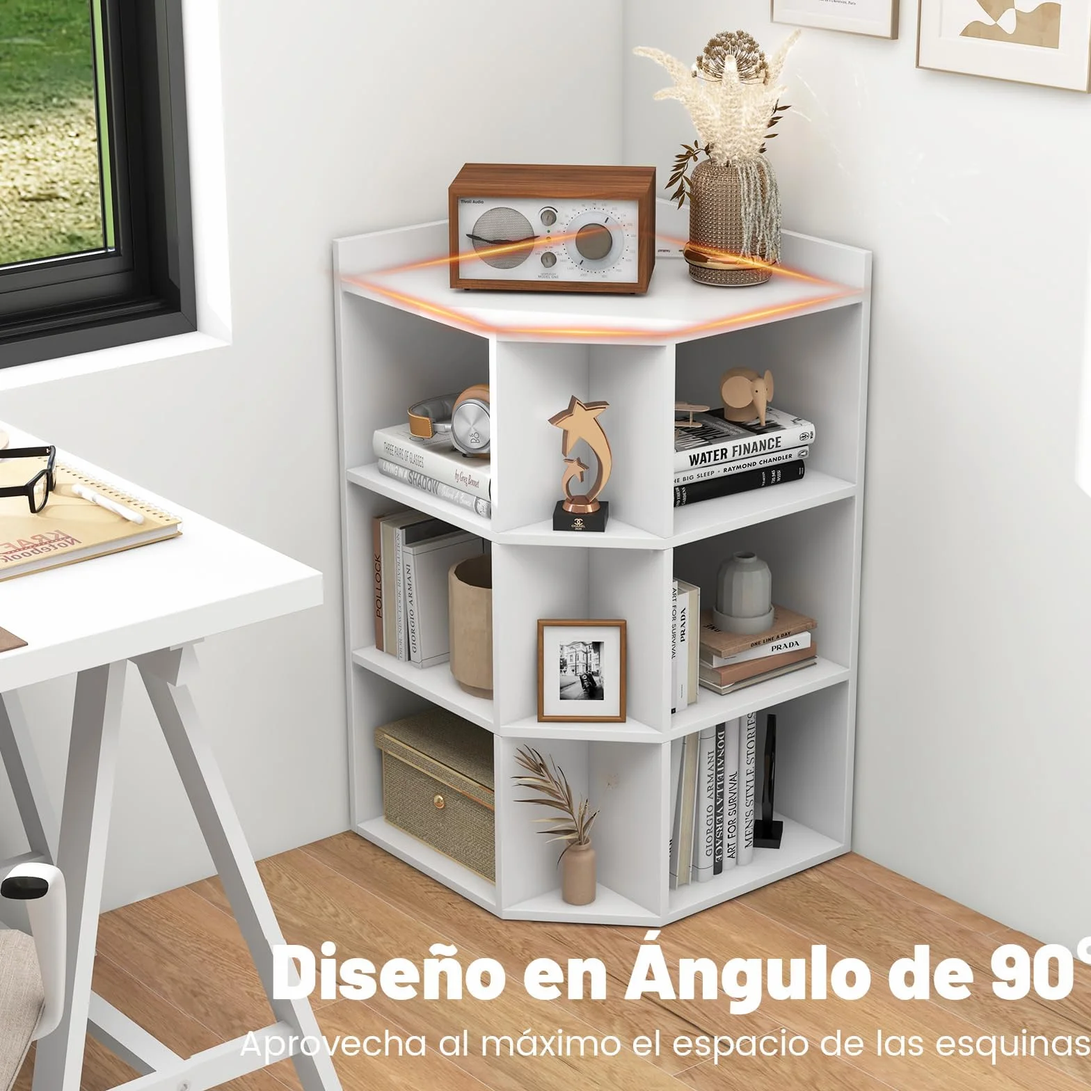 GIANTEX Librería Esquinero de 3 Niveles, Estantería de Almacenamiento con 9 Compartimentos Abiertos, 51 x 71,5 x 86 cm, con Puertos de Carga, Librería Triangular para Salón, Estudio (Blanco)